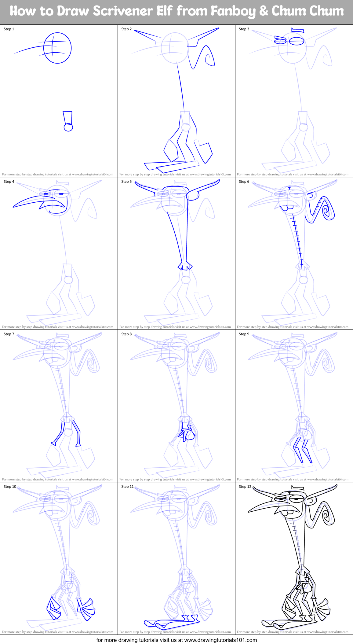 How to Draw Scrivener Elf from Fanboy & Chum Chum Printable Step by Step