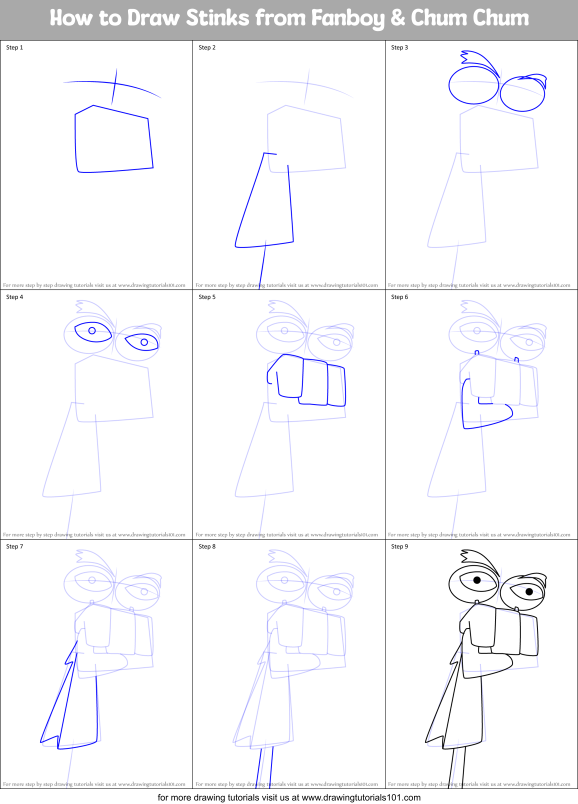 How to Draw Stinks from Fanboy & Chum Chum Printable Step by Step