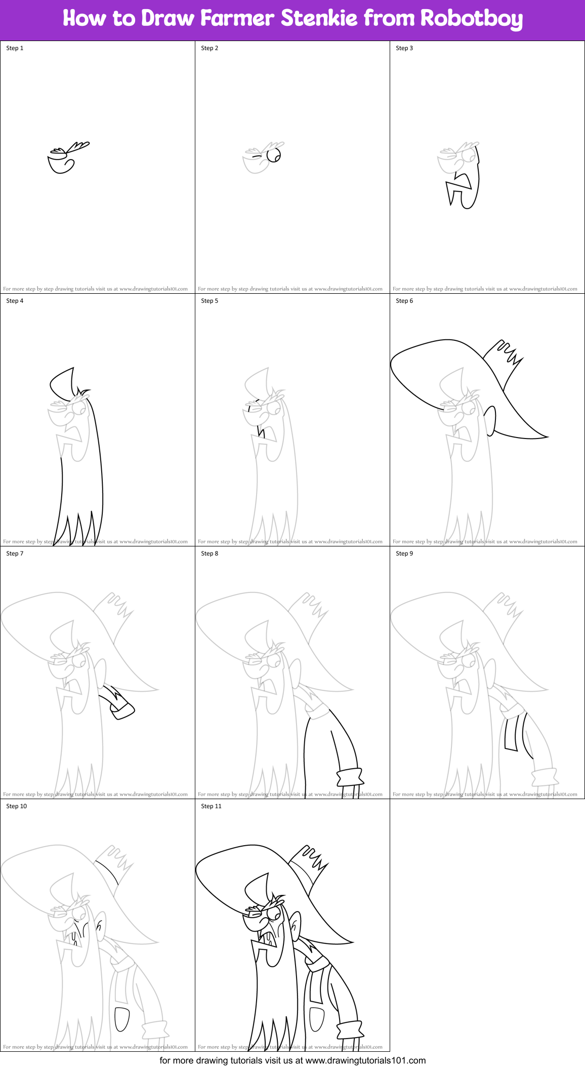 How to Draw Farmer Stenkie from Robotboy Printable Step by Step