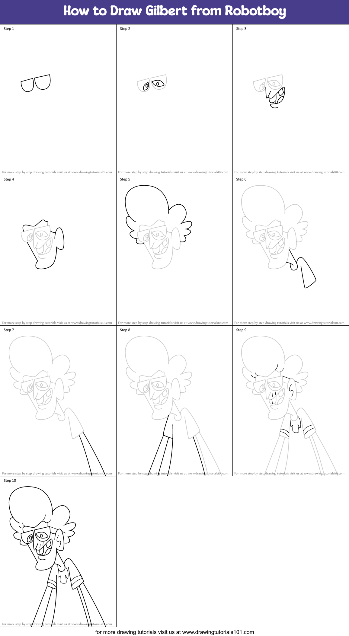 How to Draw Gilbert from Robotboy Printable Step by Step