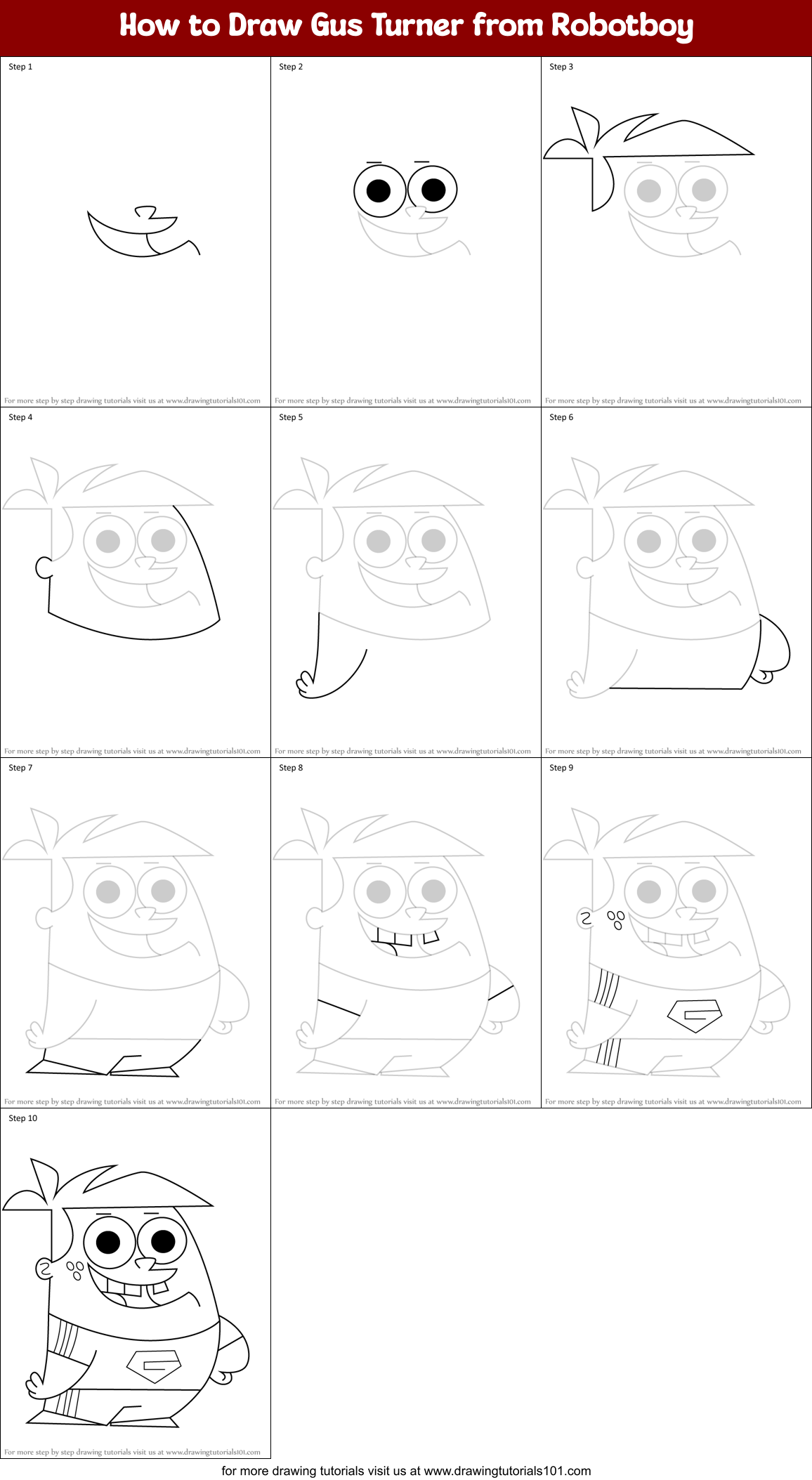 How to Draw Gus Turner from Robotboy Printable Step by Step