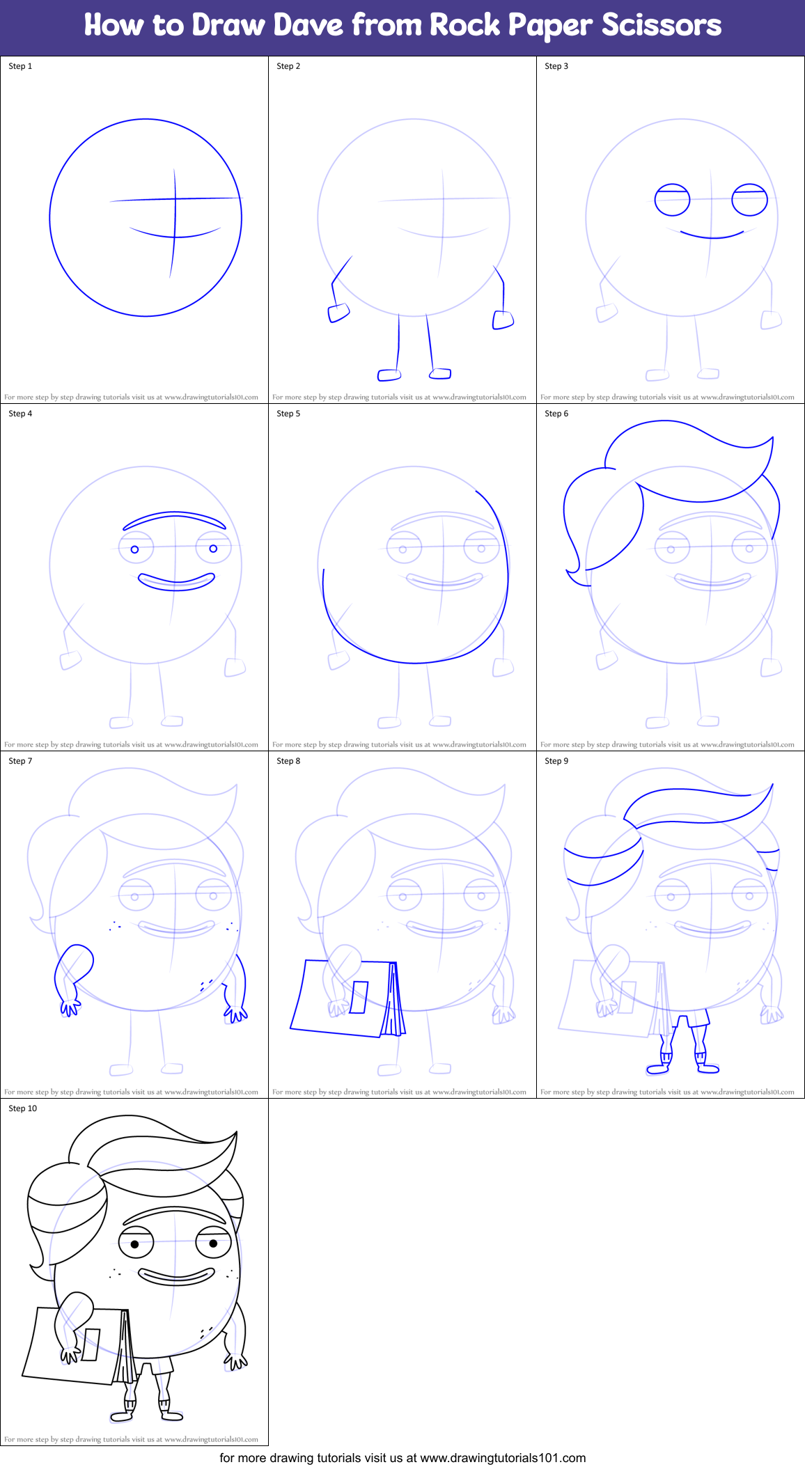 How to Draw Dave from Rock Paper Scissors Printable Step by Step