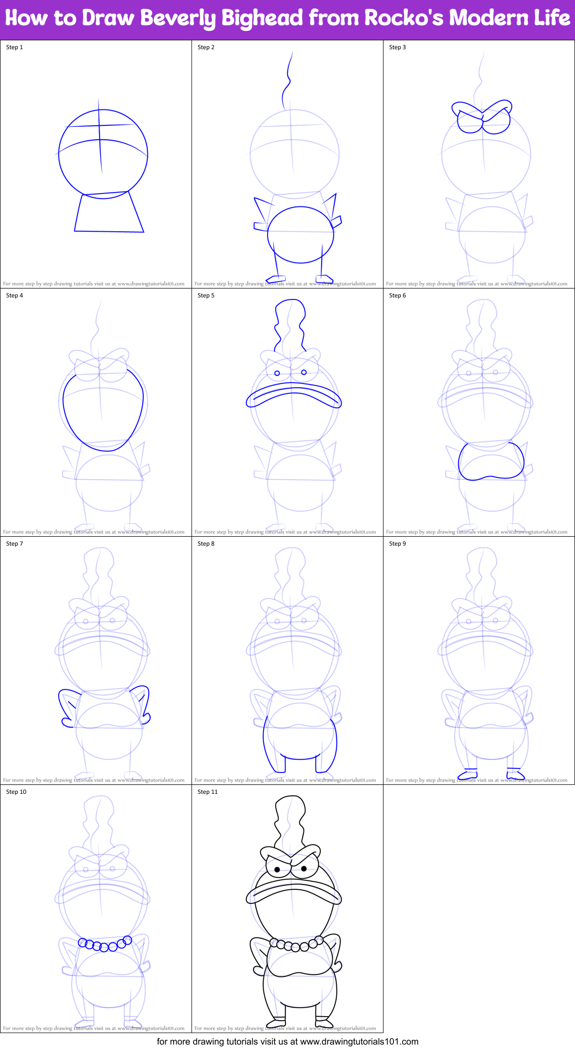 How to Draw Beverly Bighead from Rocko's Modern Life Printable Step by Step