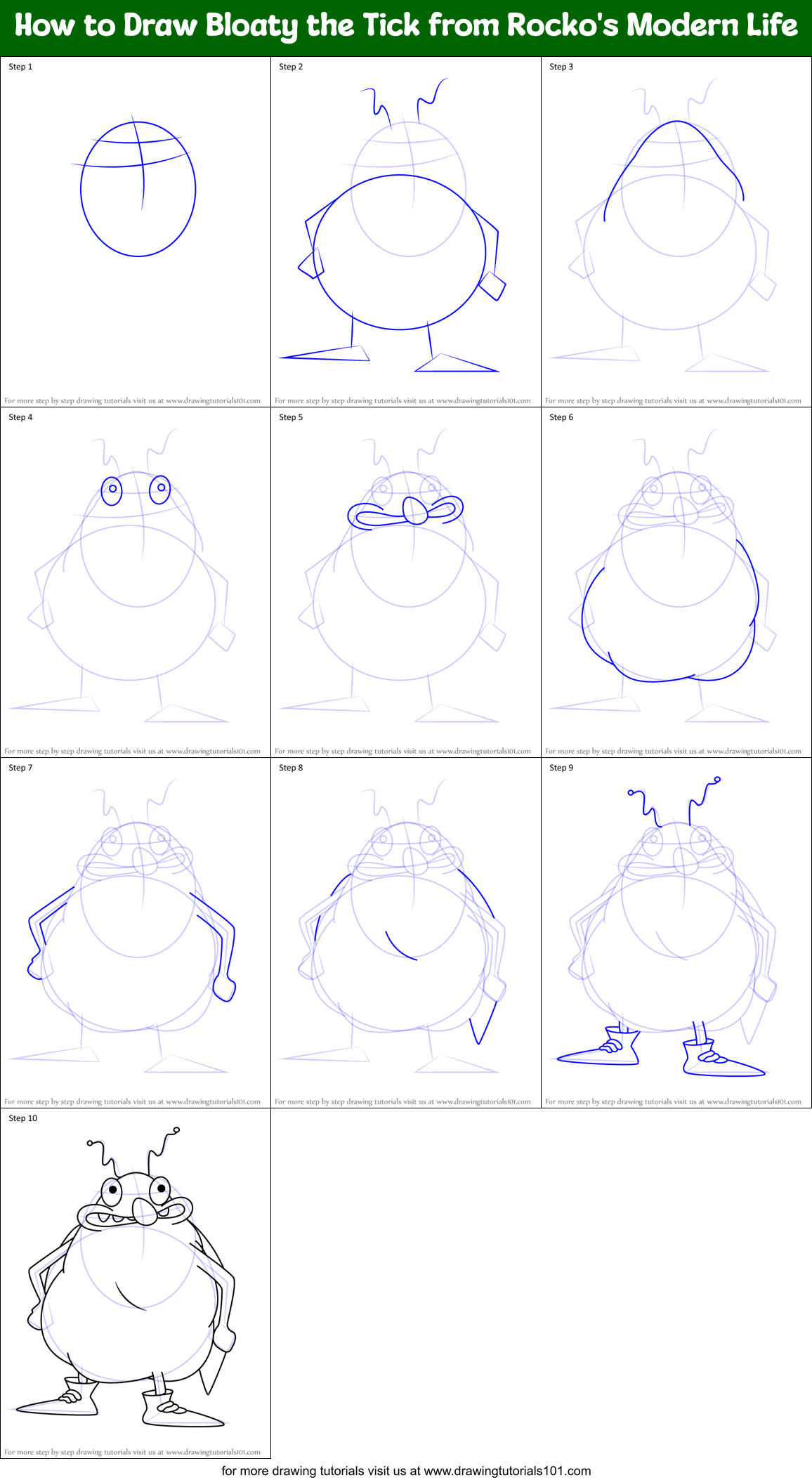 How to Draw Bloaty the Tick from Rocko's Modern Life Printable Step by Step