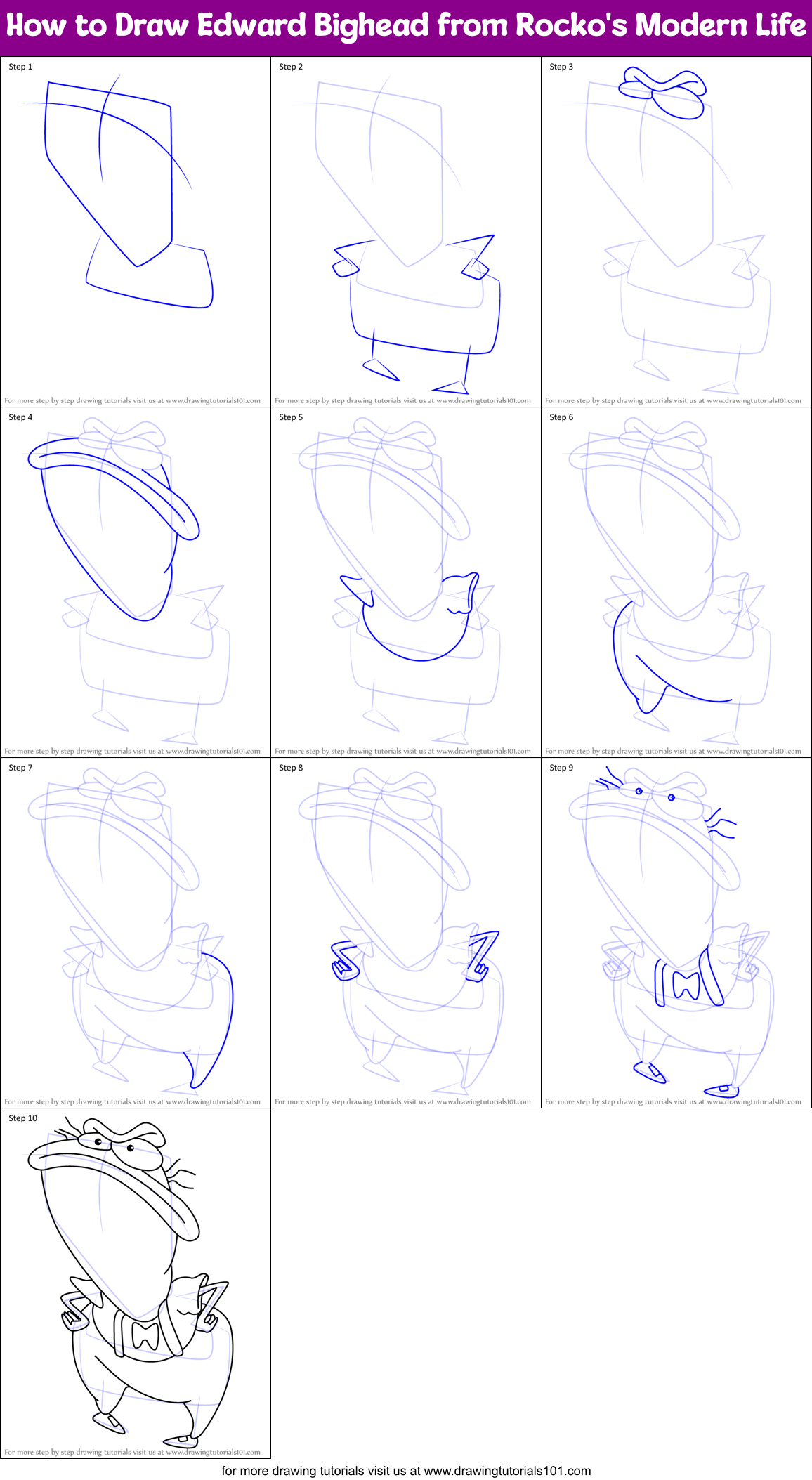 How to Draw Edward Bighead from Rocko's Modern Life Printable Step by Step