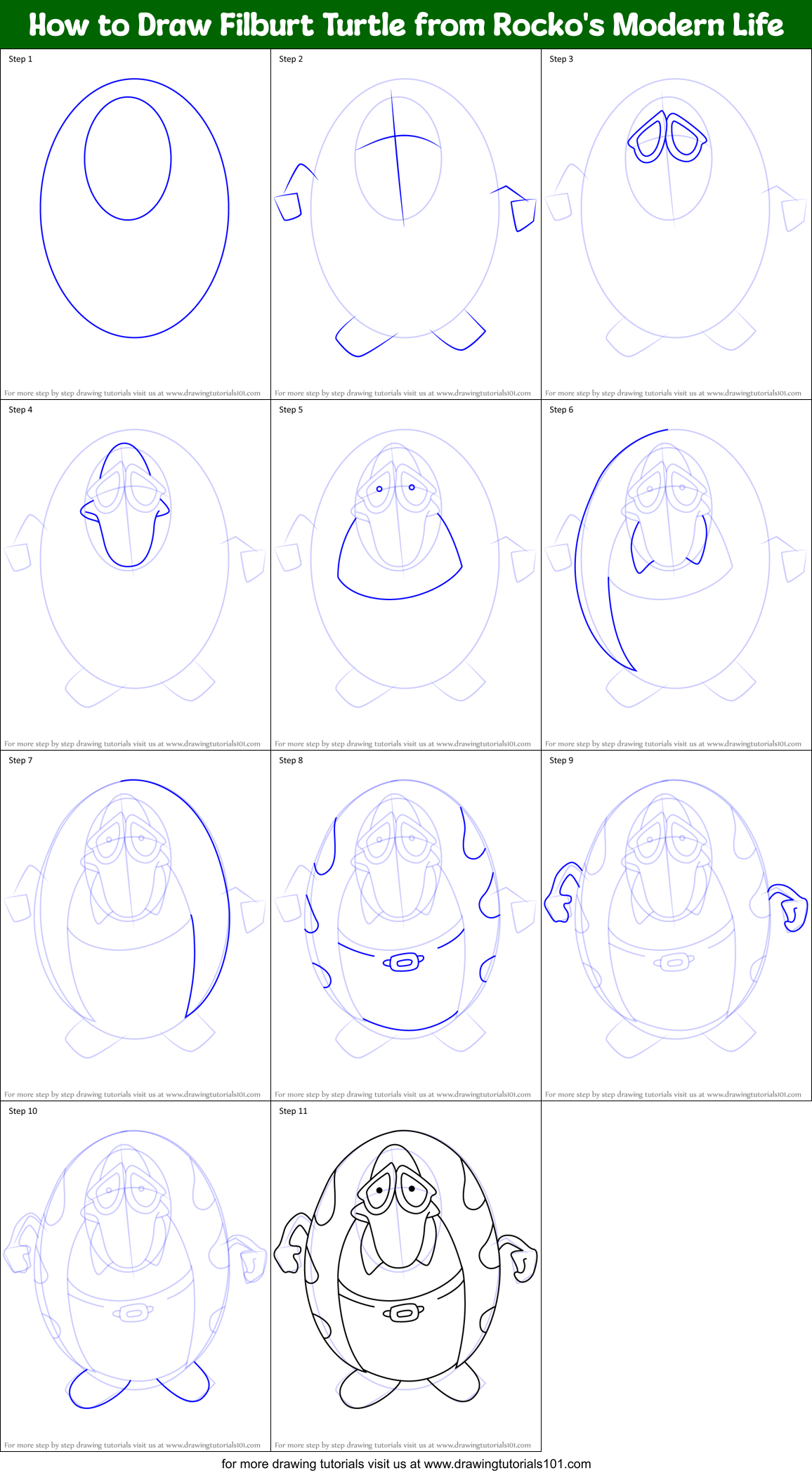 How to Draw Filburt Turtle from Rocko's Modern Life Printable Step by Step