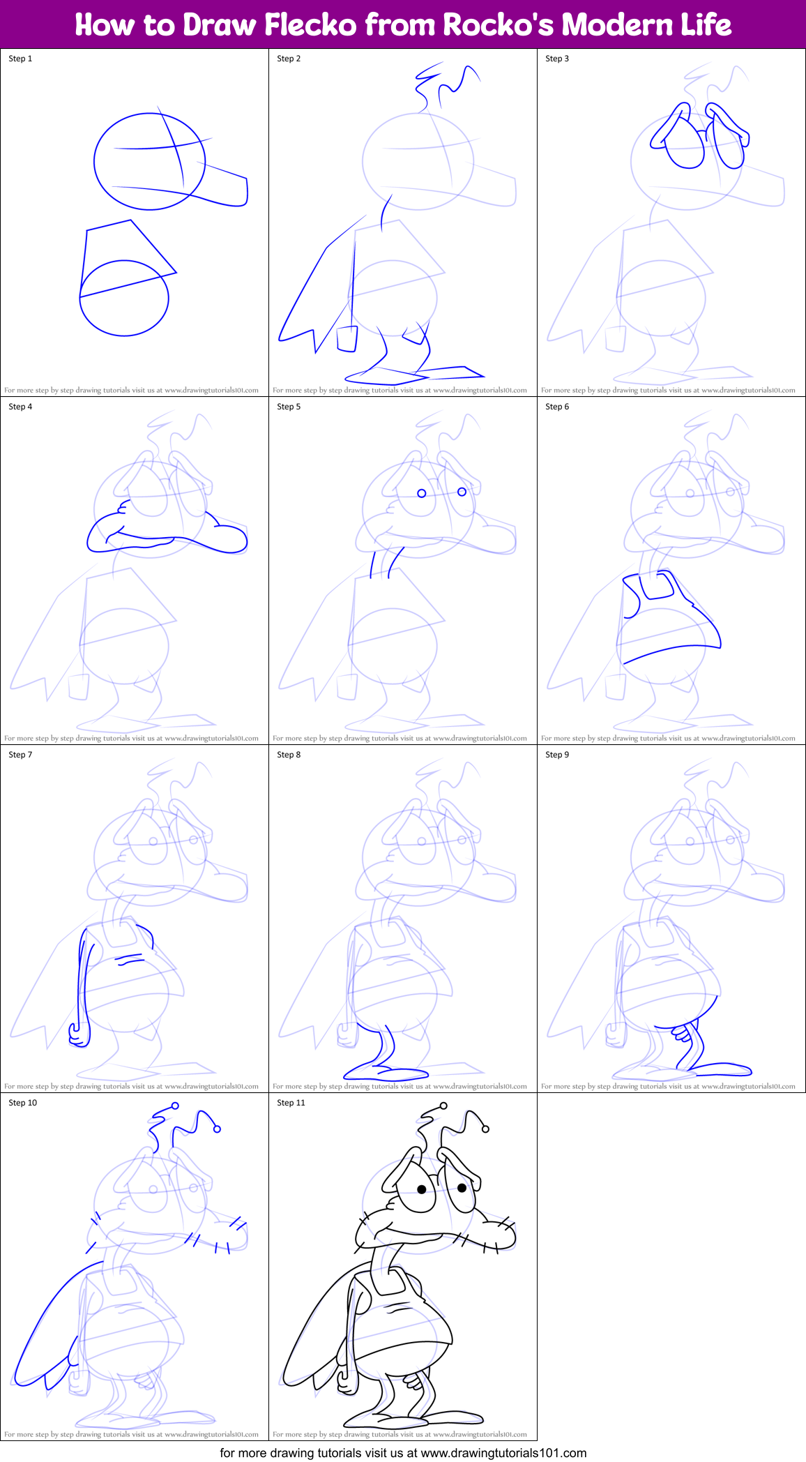 How to Draw Flecko from Rocko's Modern Life Printable Step by Step