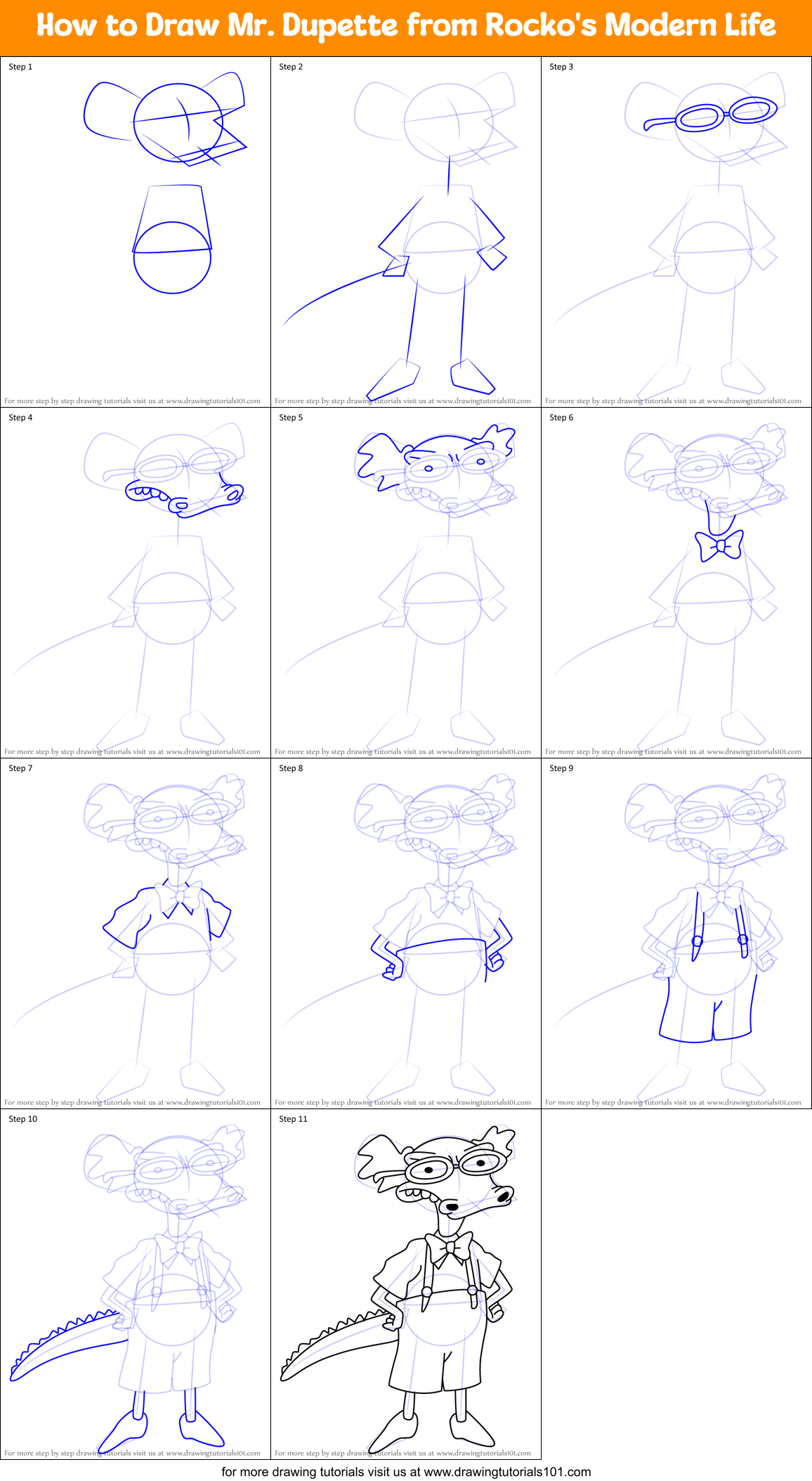 How to Draw Mr. Dupette from Rocko's Modern Life Printable Step by Step