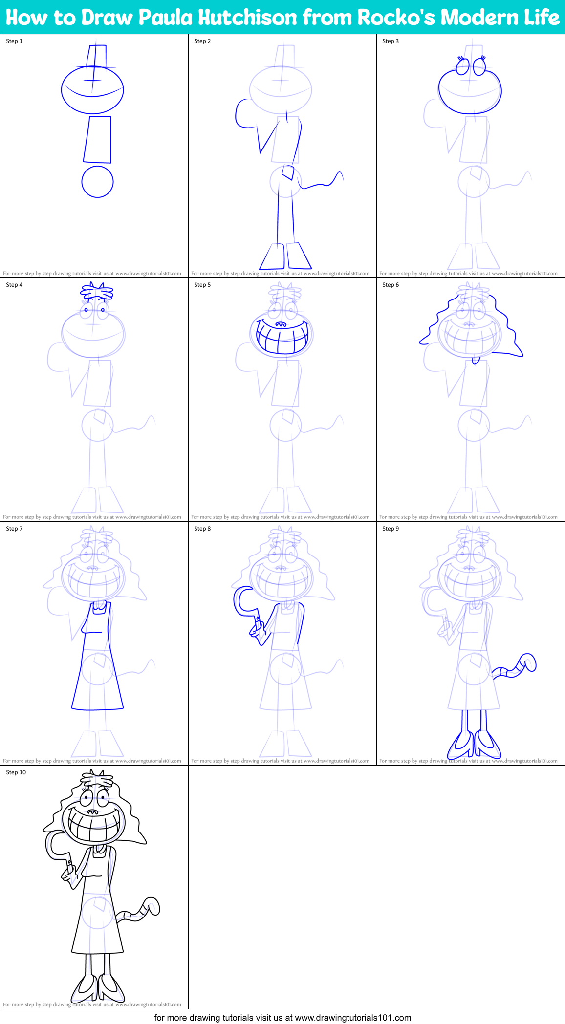 How to Draw Paula Hutchison from Rocko's Modern Life Printable Step by Step