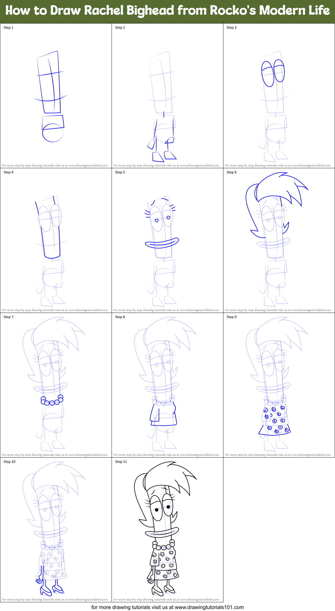 How to Draw Rachel Bighead from Rocko's Modern Life Printable Step by Step