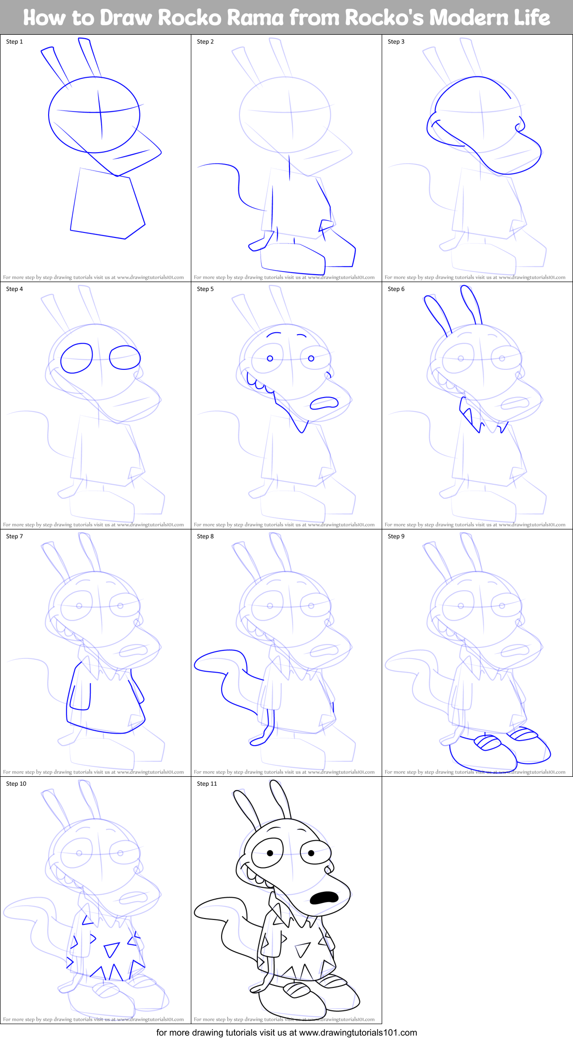 How to Draw Rocko Rama from Rocko's Modern Life Printable Step by Step