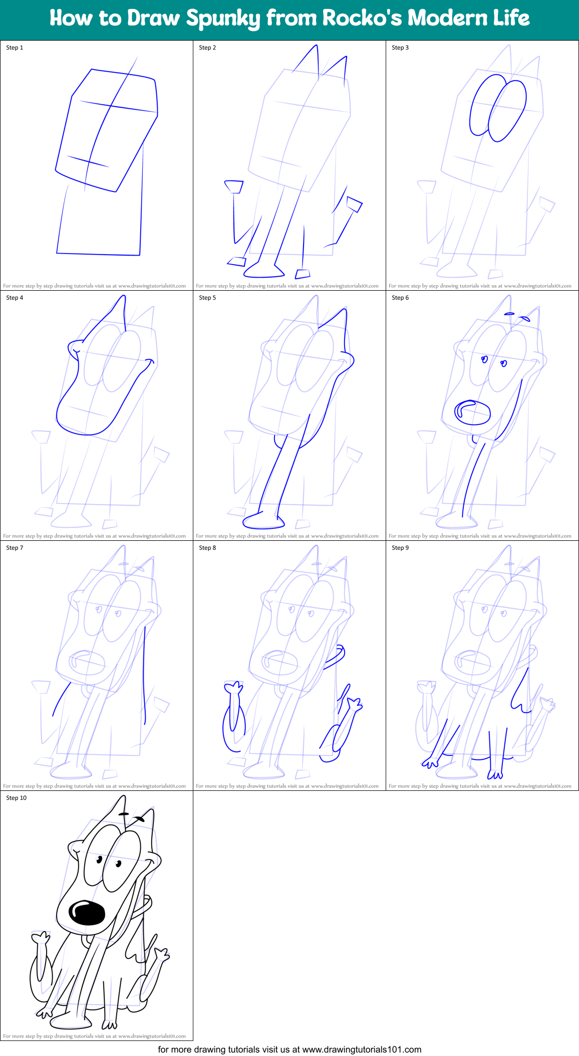 How to Draw Spunky from Rocko's Modern Life Printable Step by Step