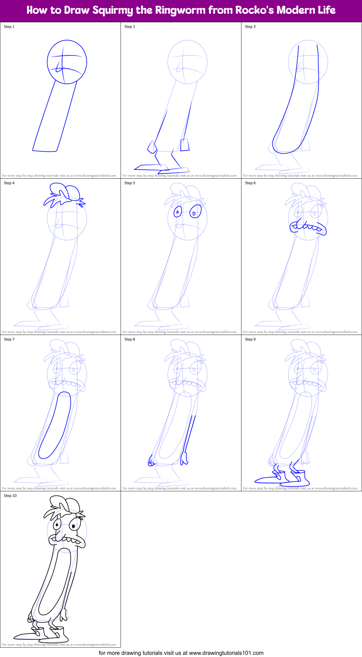 How to Draw Squirmy the Ringworm from Rocko's Modern Life Printable Step by Step