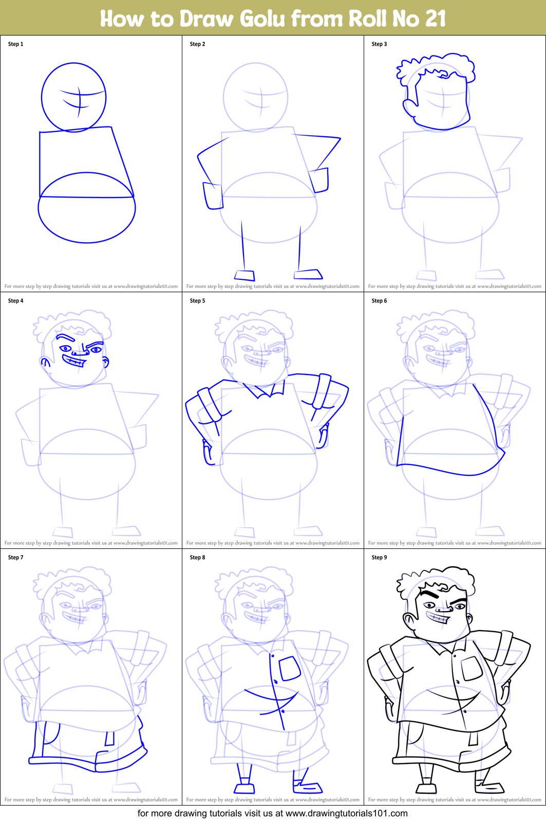 How to Draw Golu from Roll No 21 Printable Step by Step