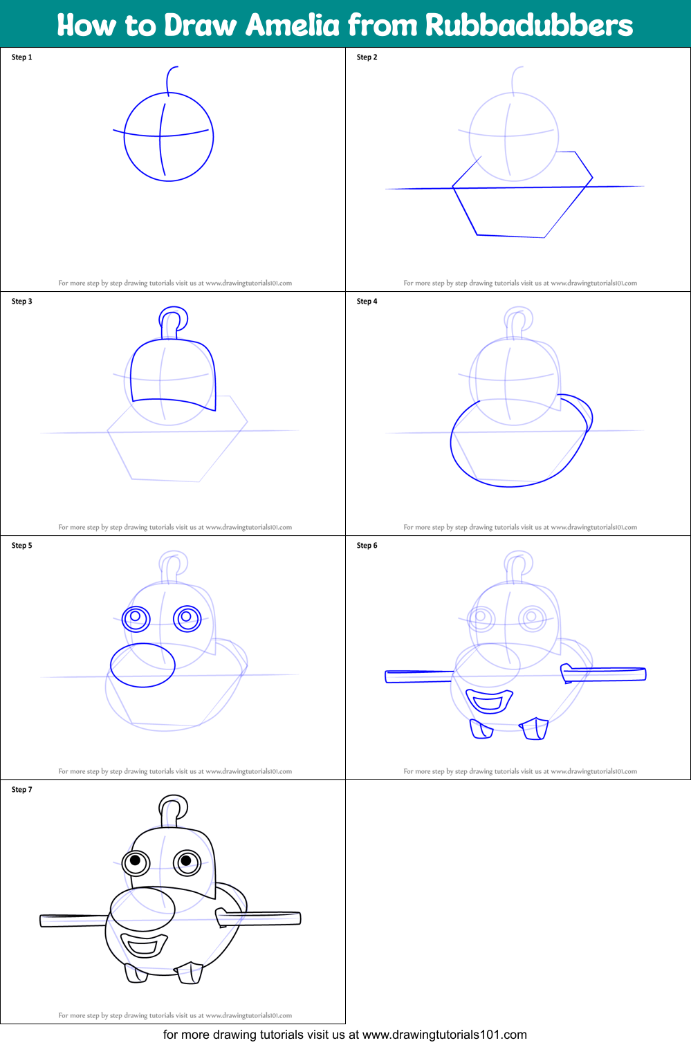 How to Draw Amelia from Rubbadubbers Printable Step by Step