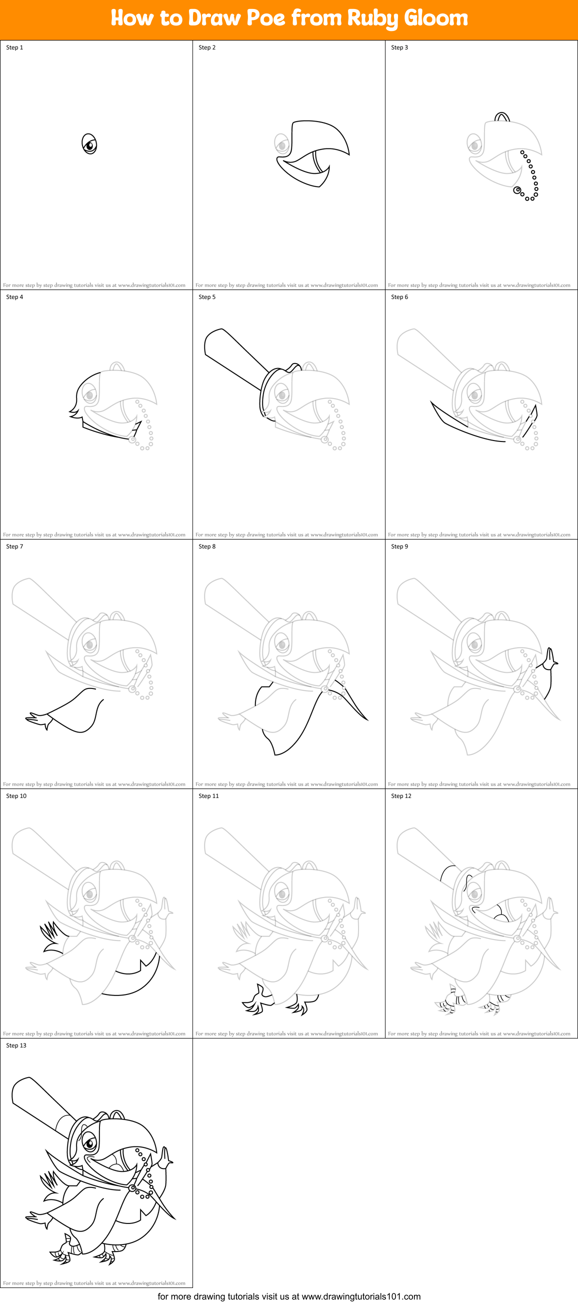 How to Draw Poe from Ruby Gloom Printable Step by Step