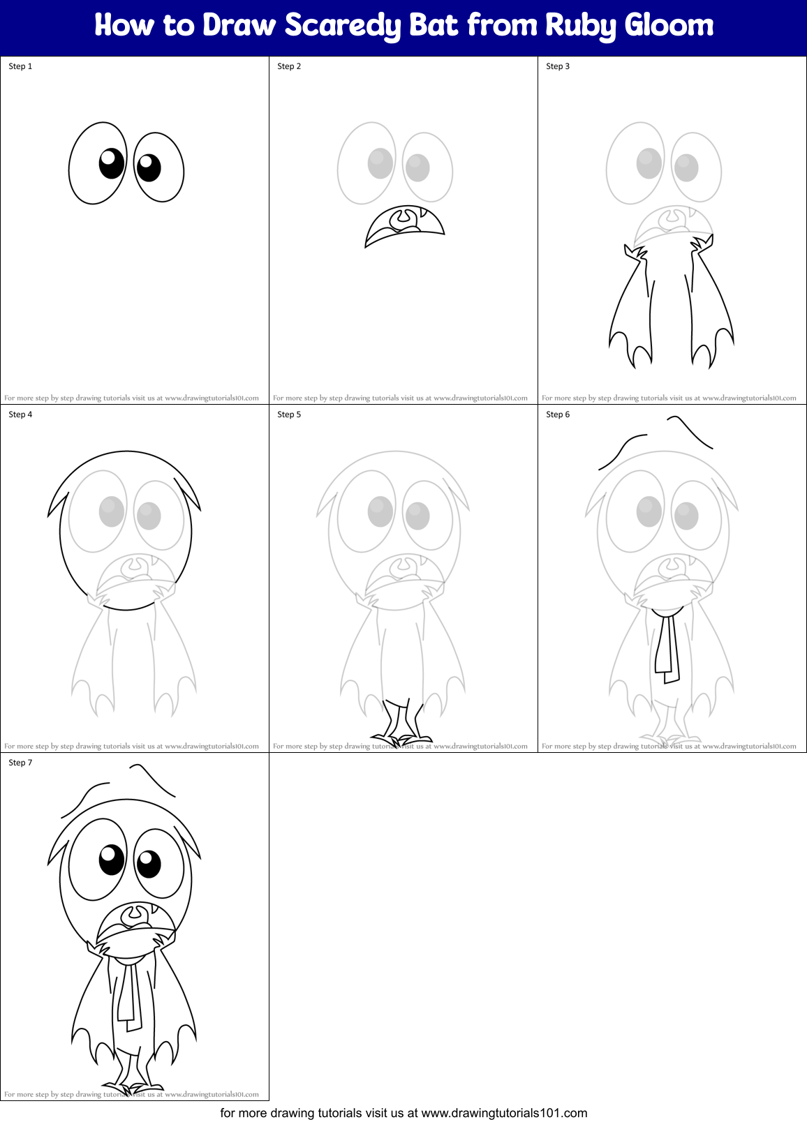 How to Draw Scaredy Bat from Ruby Gloom Printable Step by Step