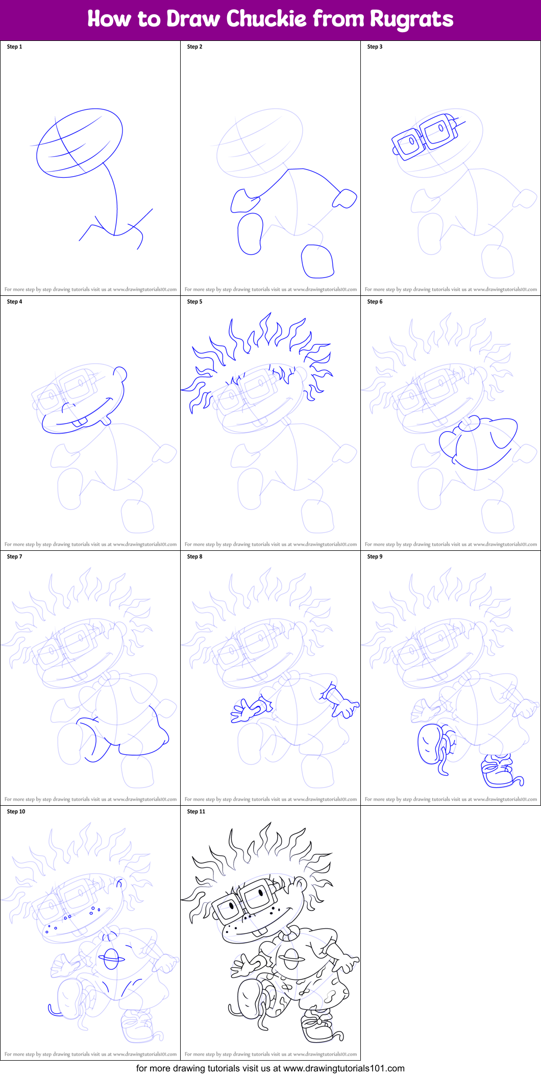 How to Draw Chuckie from Rugrats printable step by step drawing sheet 