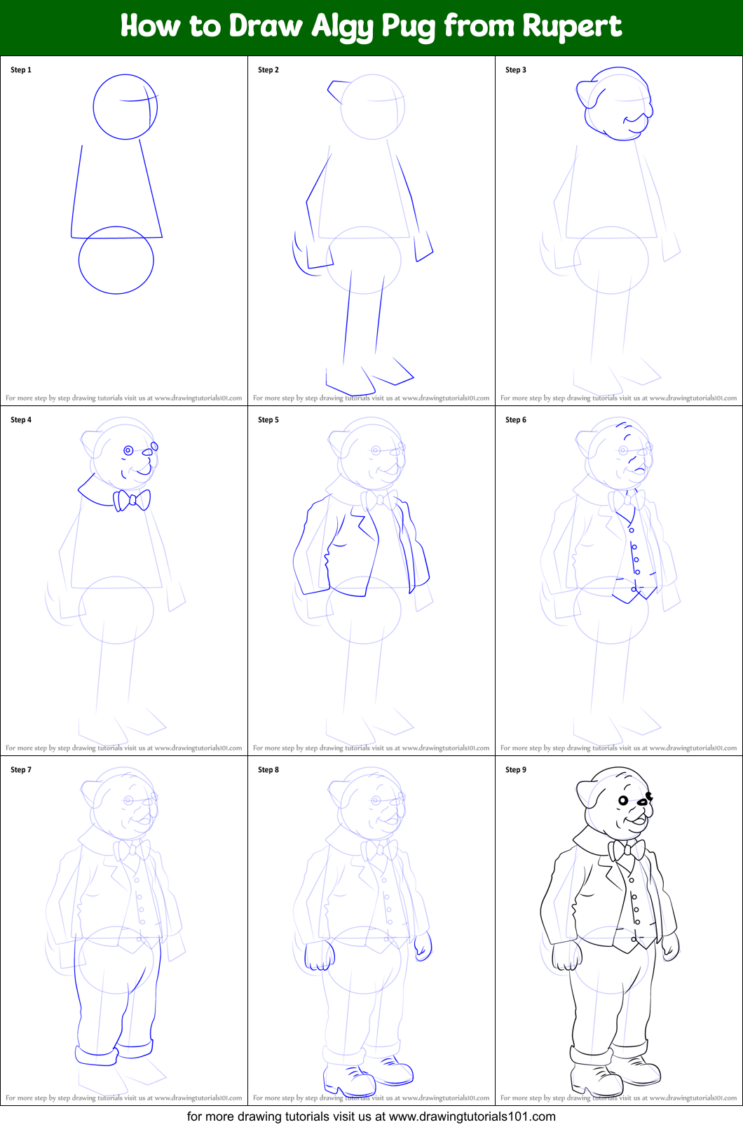 How to Draw Algy Pug from Rupert Printable Step by Step