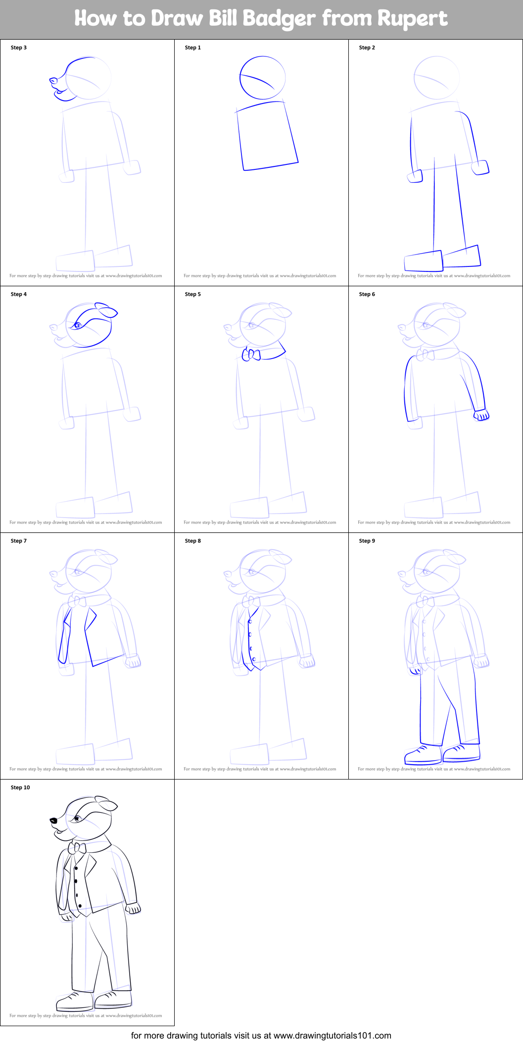 How to Draw Bill Badger from Rupert Printable Step by Step
