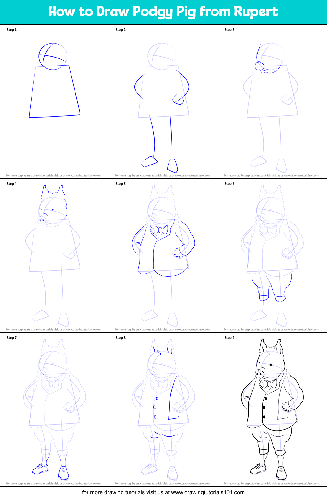 How to Draw Podgy Pig from Rupert Printable Step by Step
