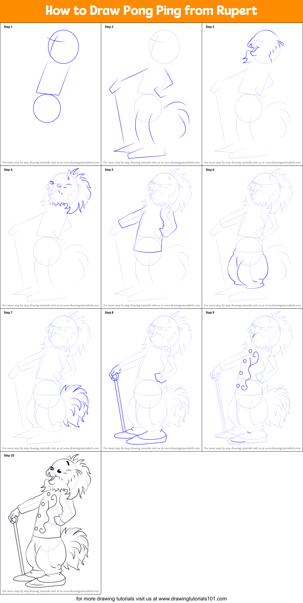 How to Draw Pong Ping from Rupert Printable Step by Step