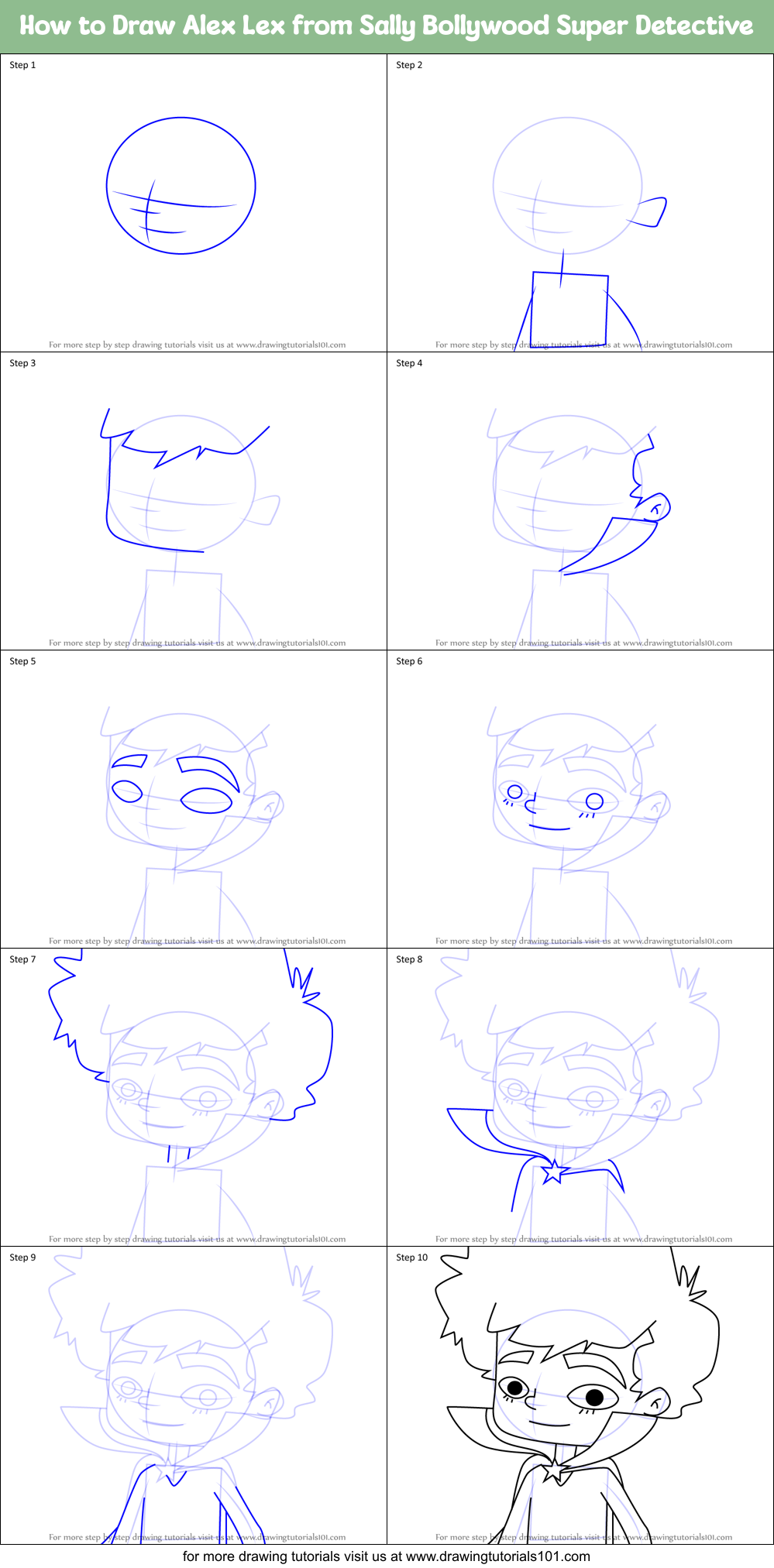 How to Draw Alex Lex from Sally Bollywood Super Detective Printable Step by Step