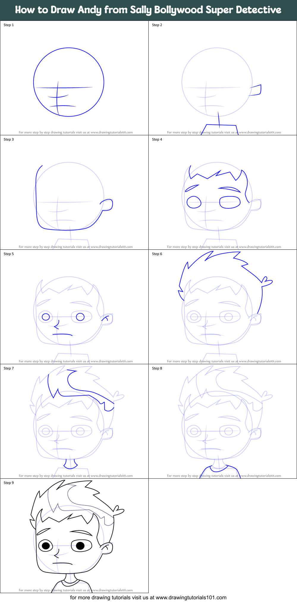 How to Draw Andy from Sally Bollywood Super Detective Printable Step by Step