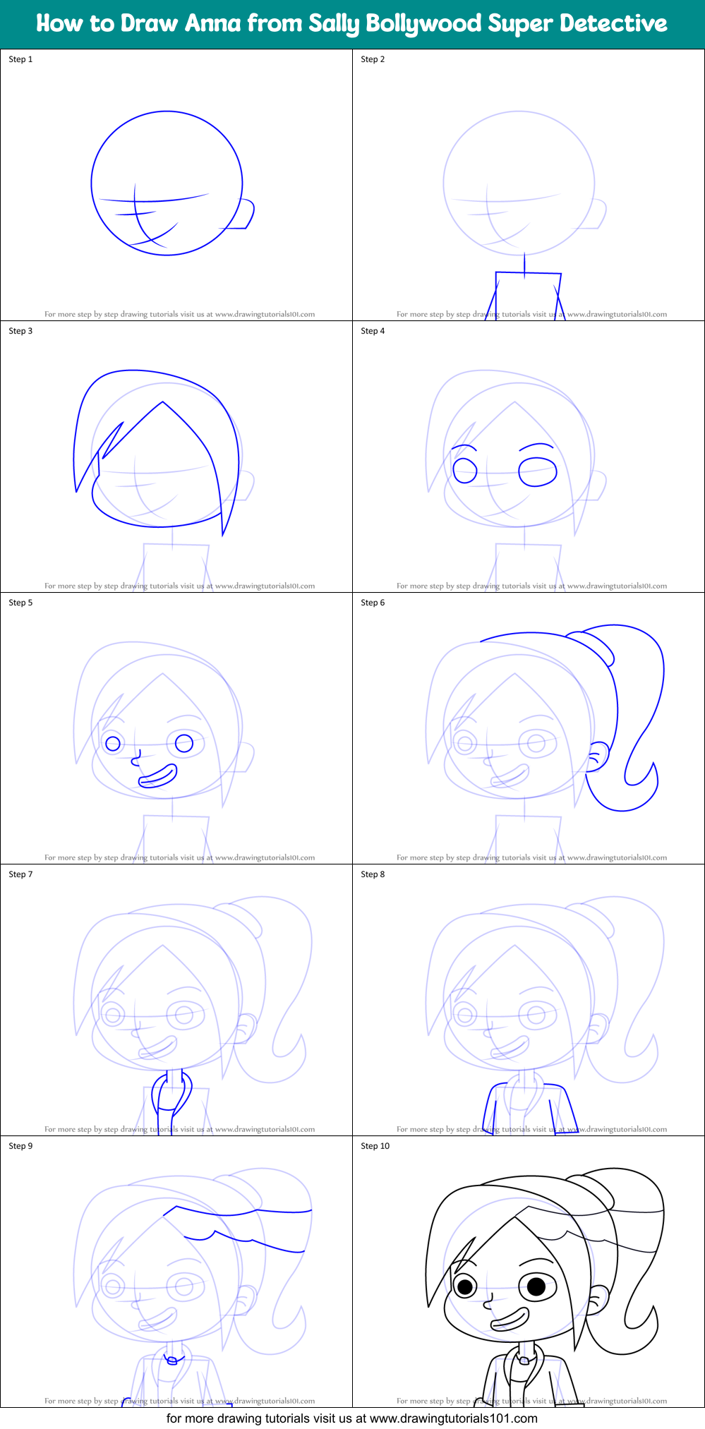 How to Draw Anna from Sally Bollywood Super Detective Printable Step by Step