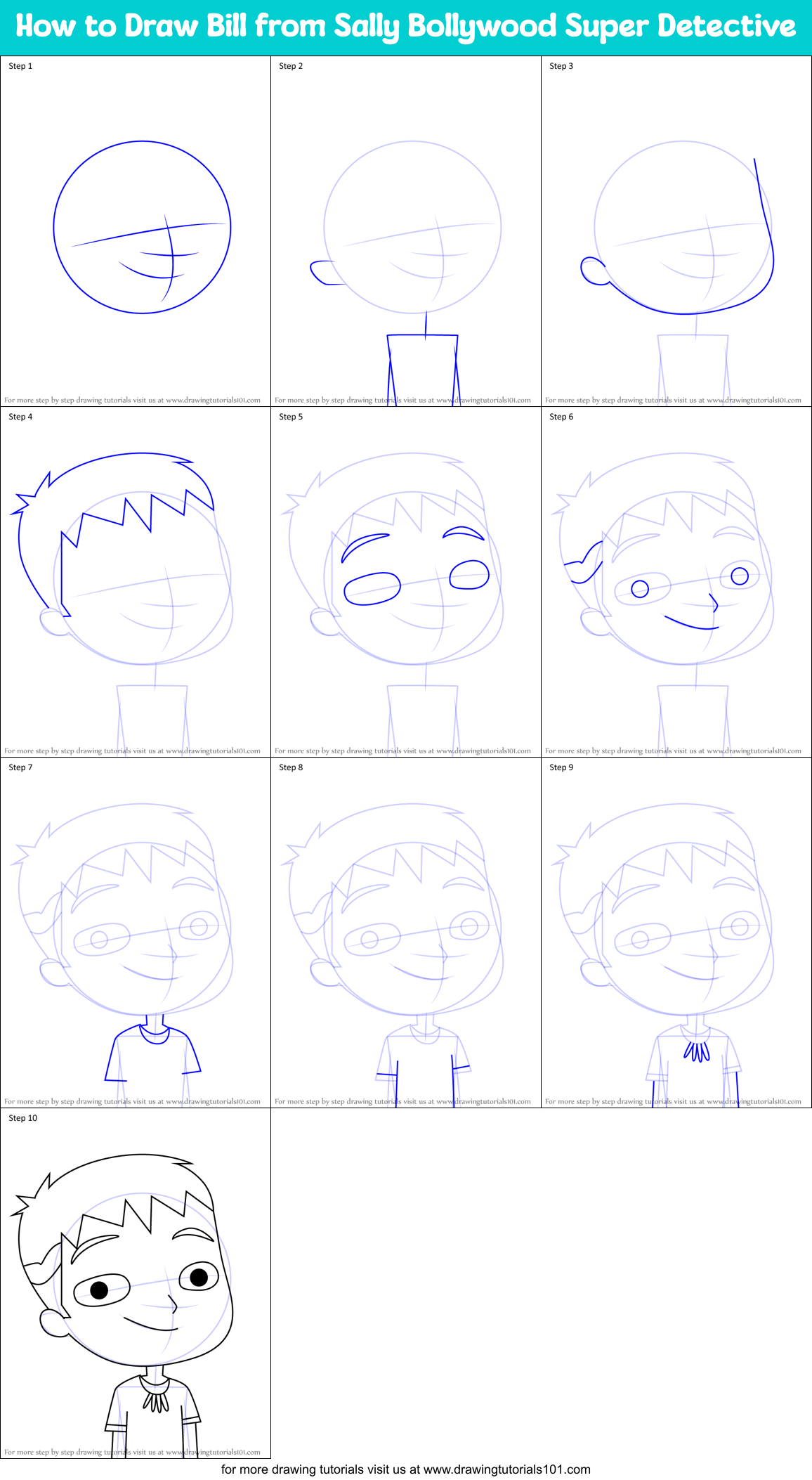 How to Draw Bill from Sally Bollywood Super Detective Printable Step by Step