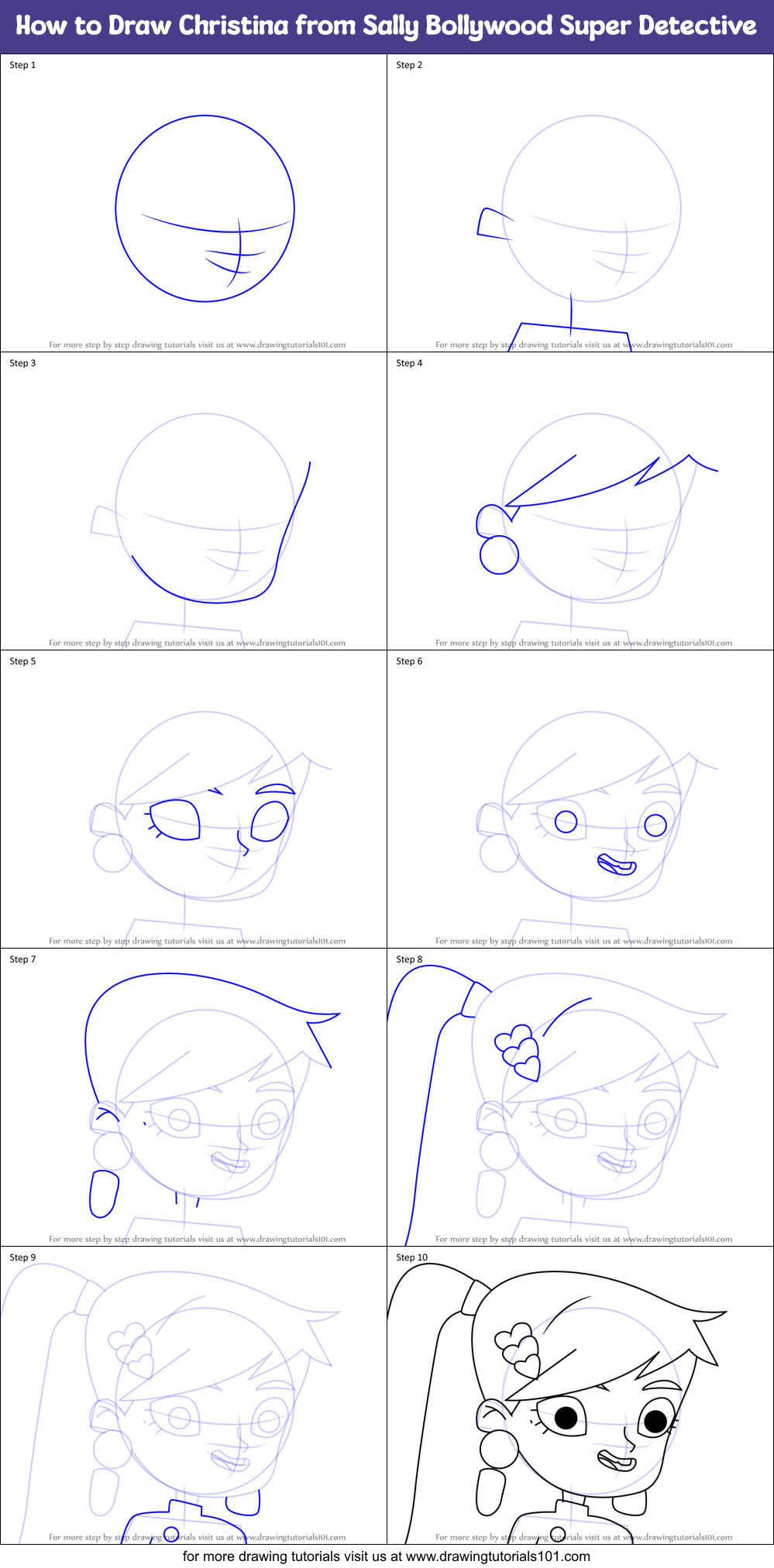 How to Draw Christina from Sally Bollywood Super Detective Printable Step by Step