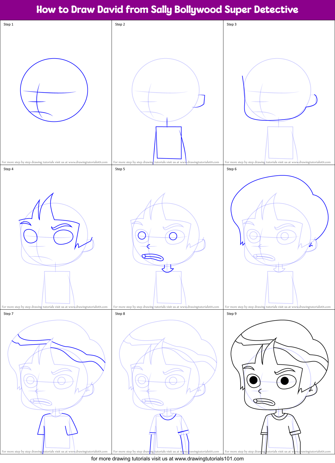 How to Draw David from Sally Bollywood Super Detective Printable Step by Step