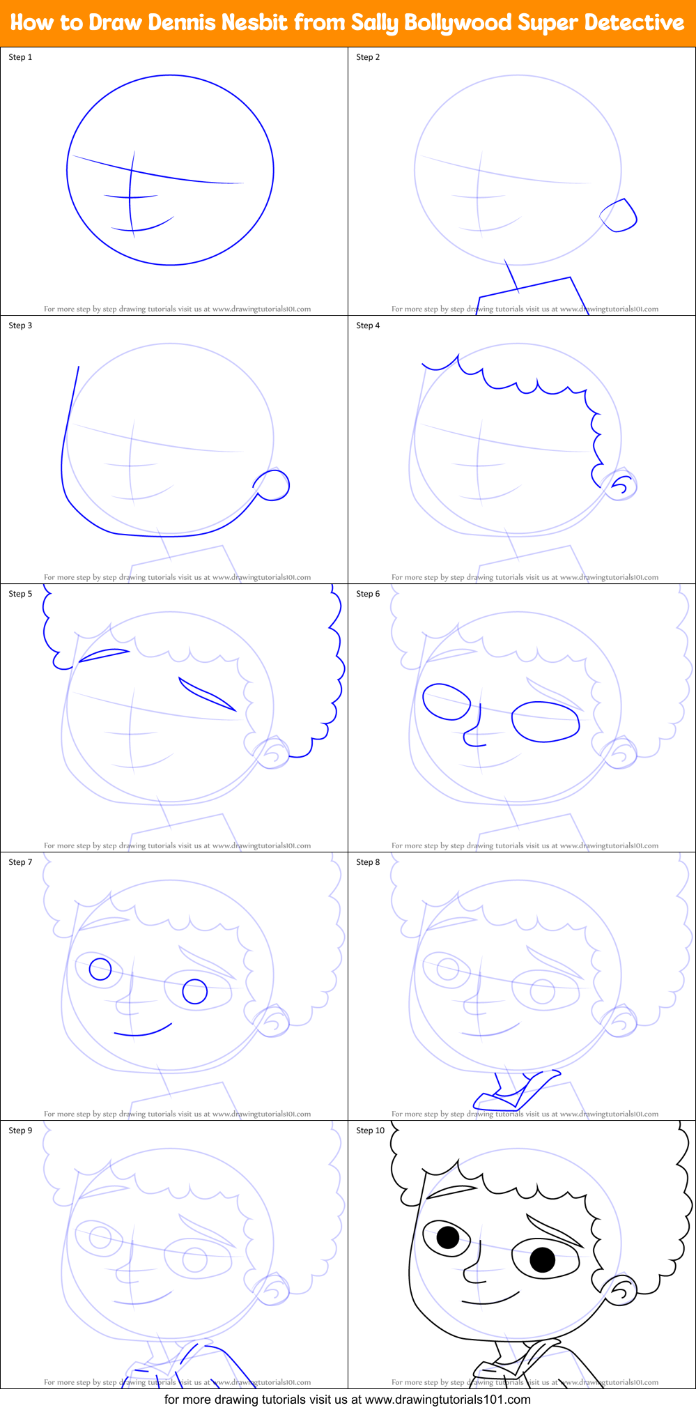 How to Draw Dennis Nesbit from Sally Bollywood Super Detective Printable Step by Step