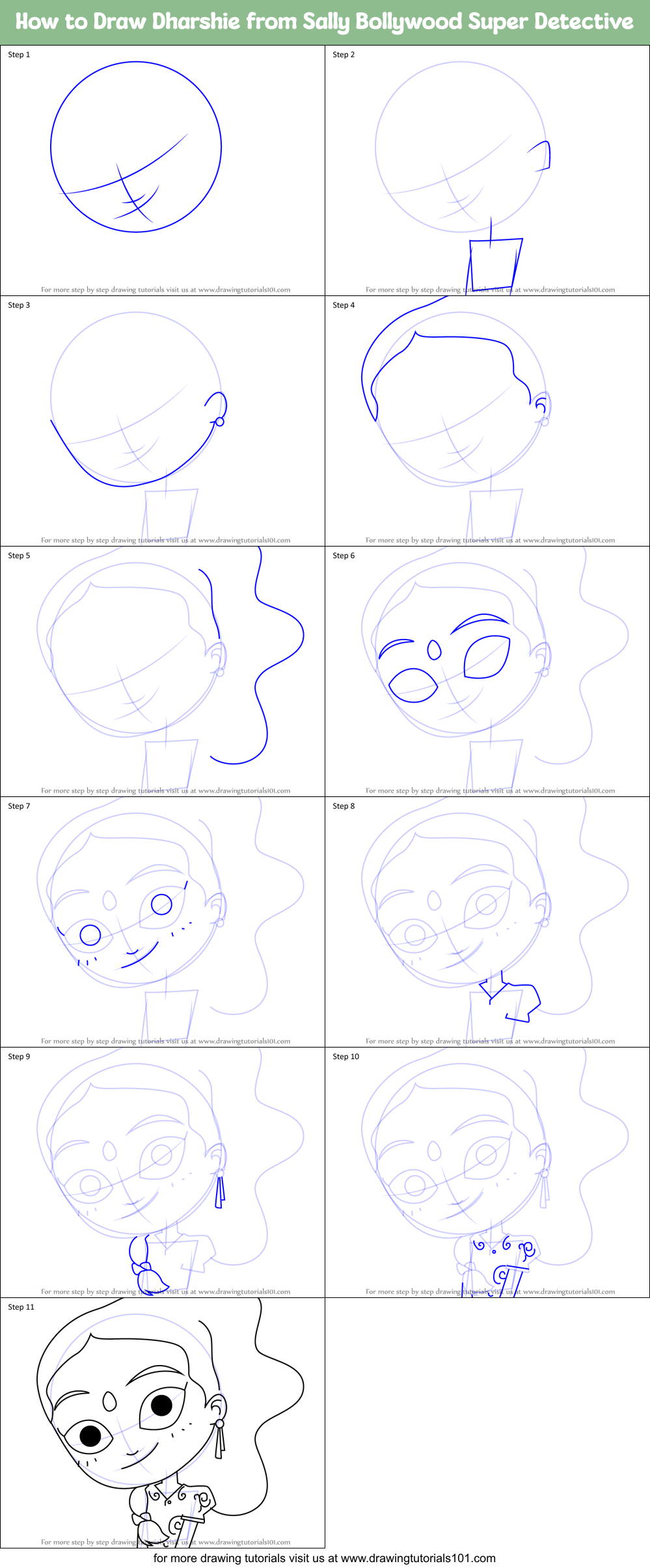 How to Draw Dharshie from Sally Bollywood Super Detective Printable Step by Step