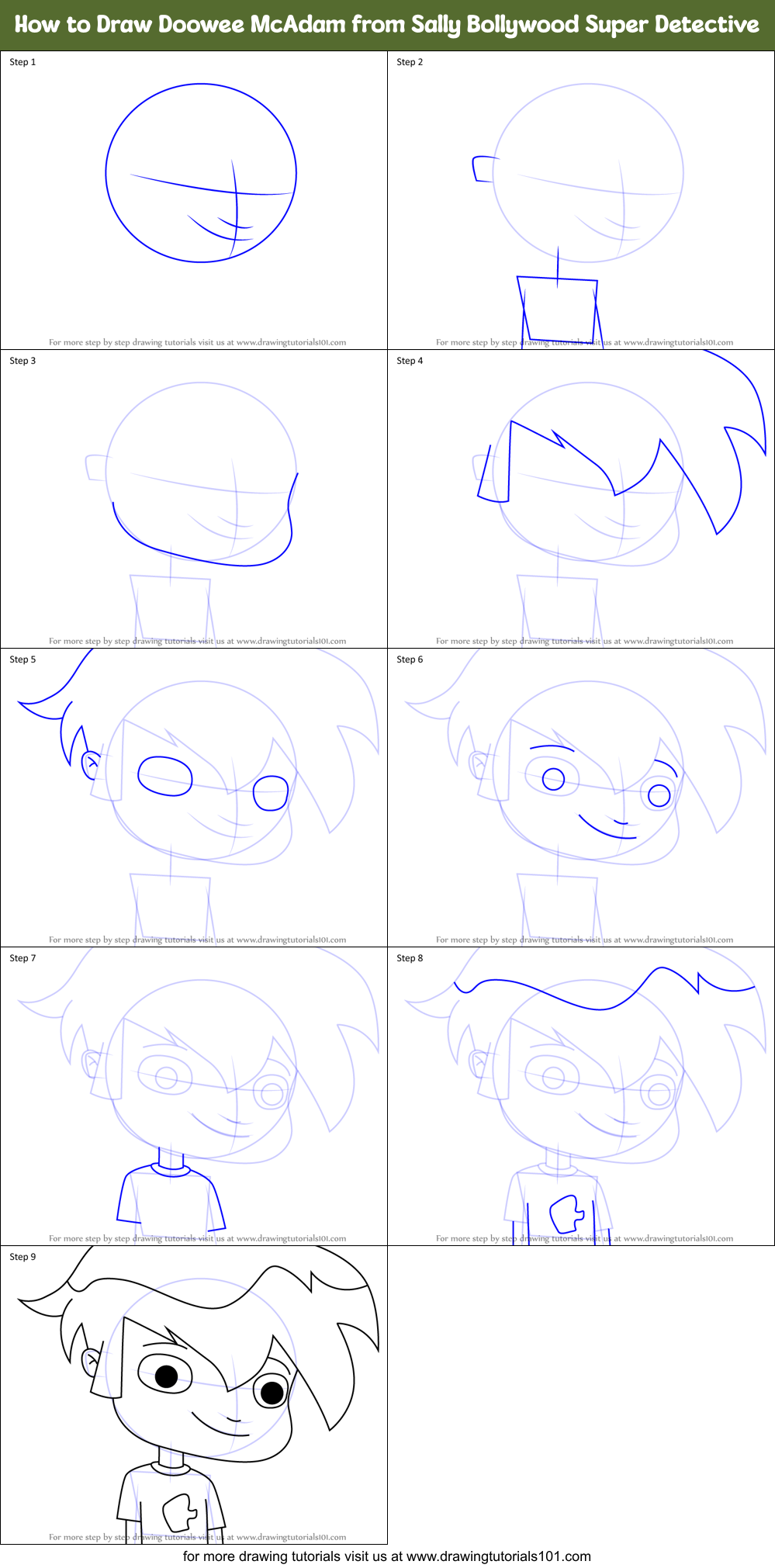How to Draw Doowee McAdam from Sally Bollywood Super Detective Printable Step by Step