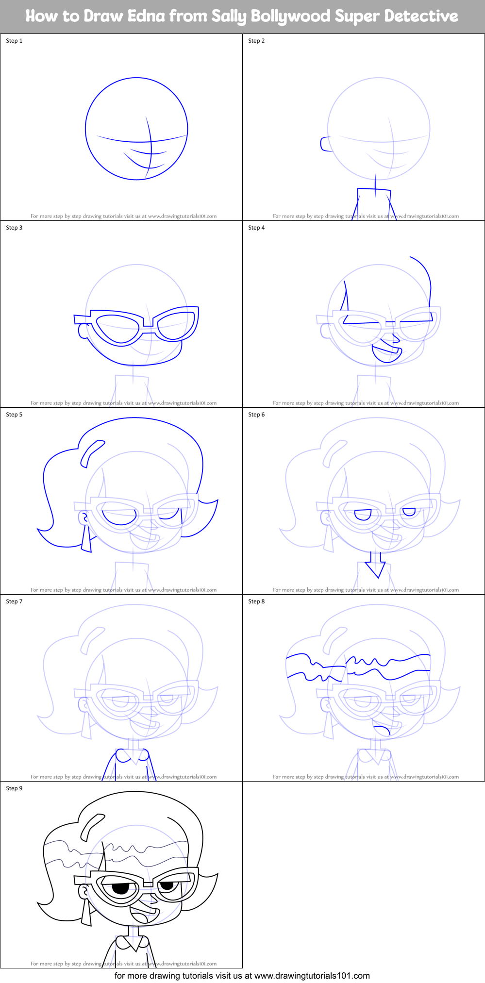 How to Draw Edna from Sally Bollywood Super Detective Printable Step by Step