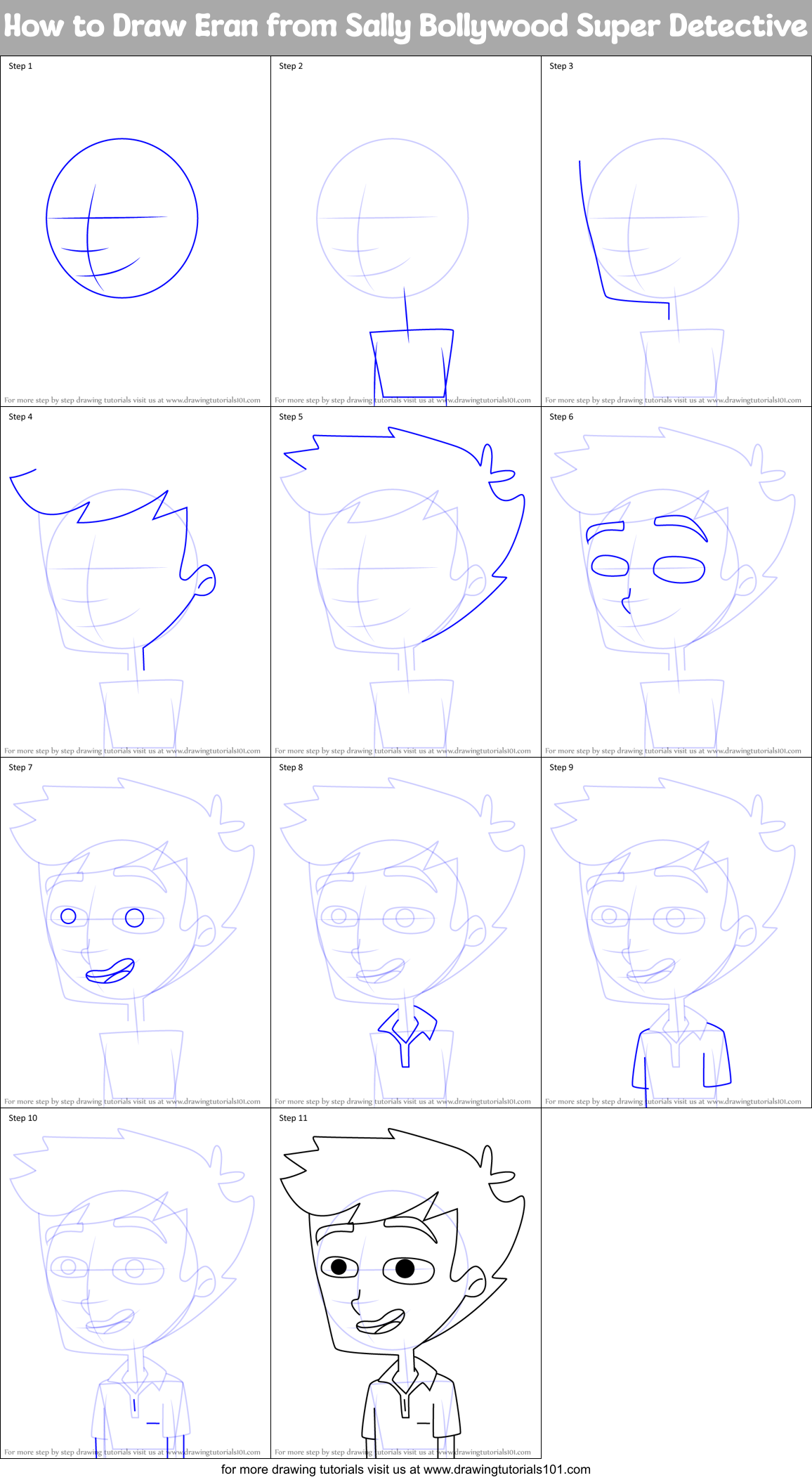 How to Draw Eran from Sally Bollywood Super Detective Printable Step by Step