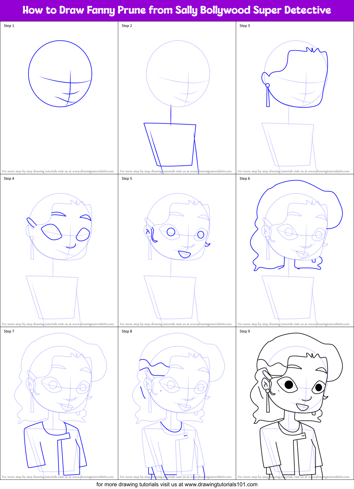 How to Draw Fanny Prune from Sally Bollywood Super Detective Printable Step by Step