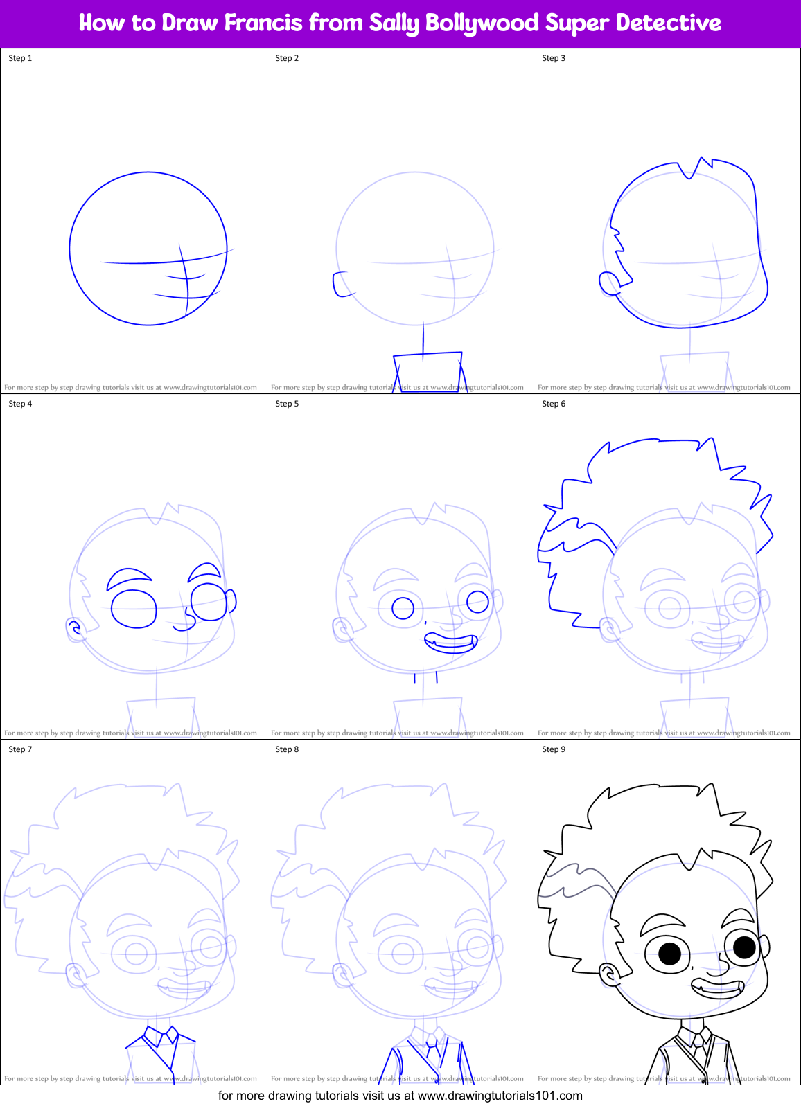 How to Draw Francis from Sally Bollywood Super Detective Printable Step by Step