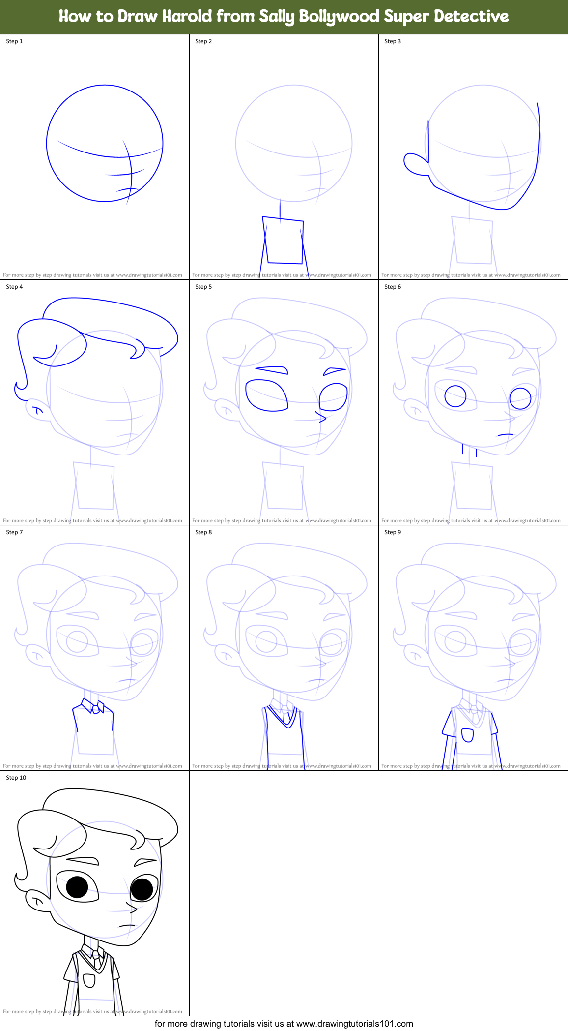 How to Draw Harold from Sally Bollywood Super Detective Printable Step by Step