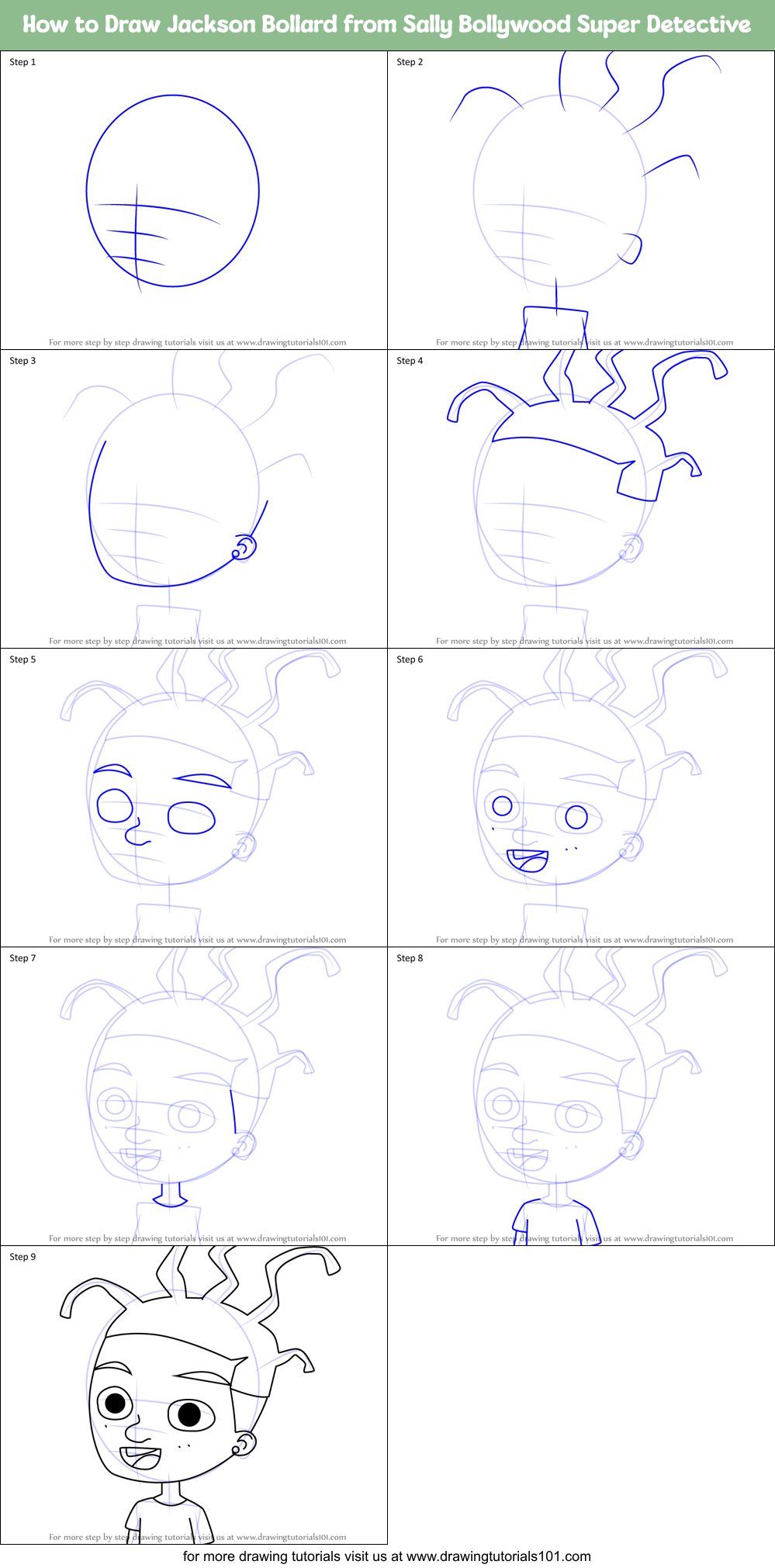 How to Draw Jackson Bollard from Sally Bollywood Super Detective Printable Step by Step