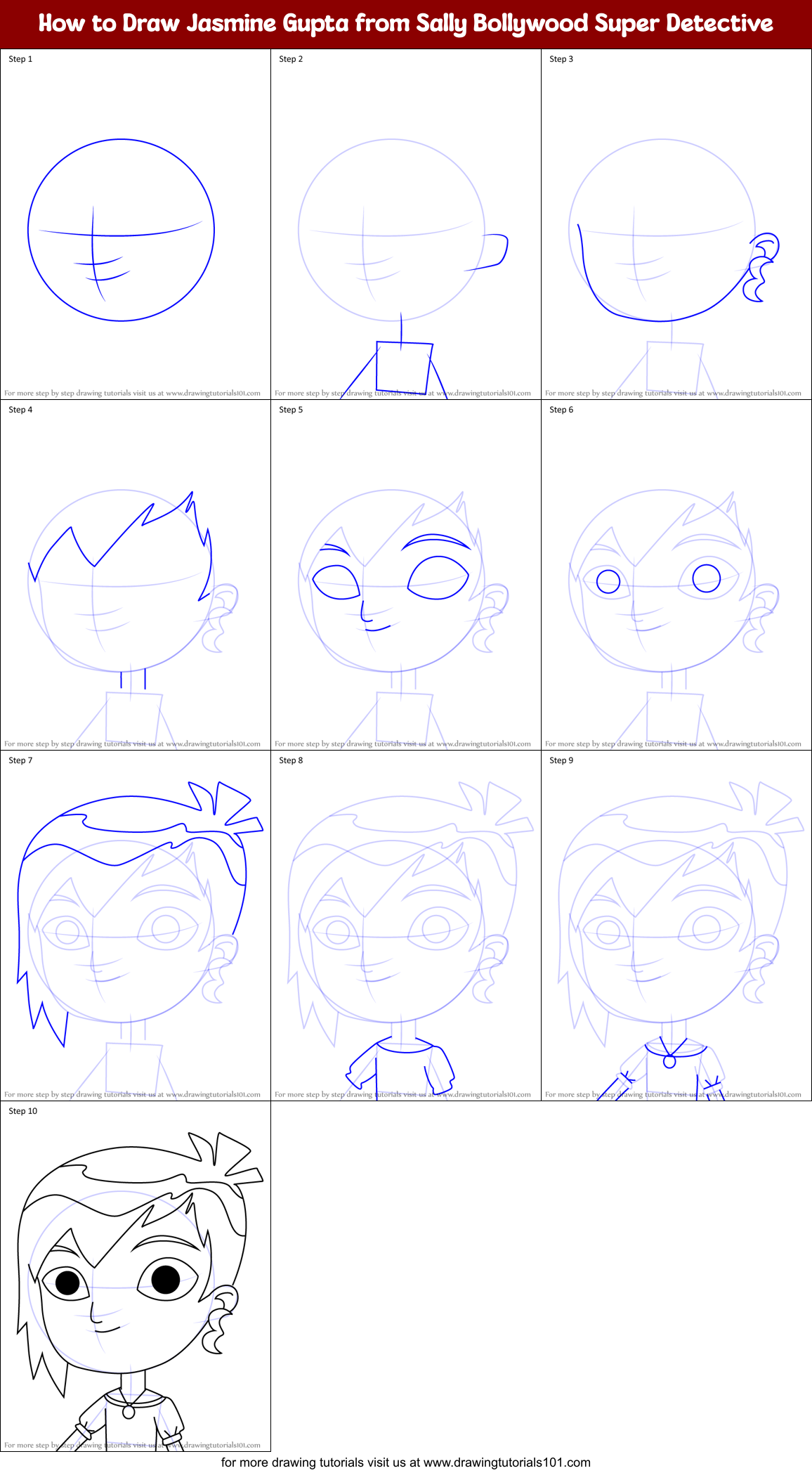 How to Draw Jasmine Gupta from Sally Bollywood Super Detective Printable Step by Step