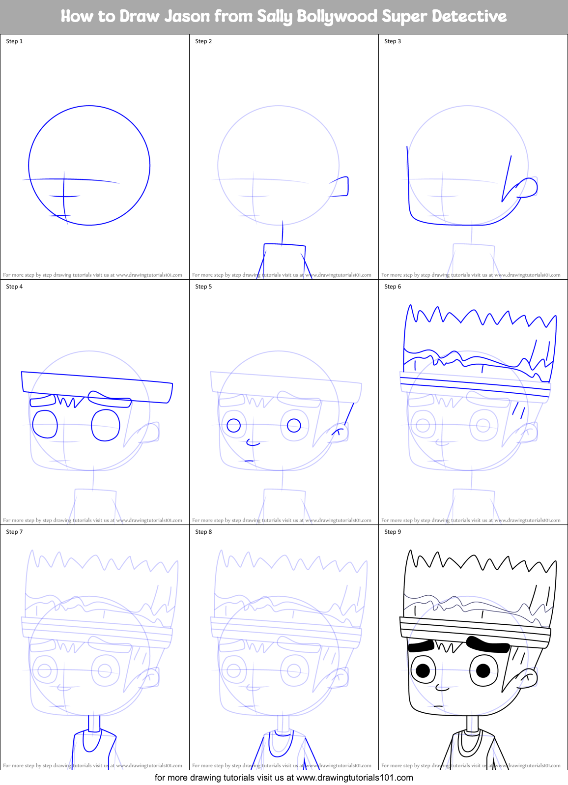 How to Draw Jason from Sally Bollywood Super Detective Printable Step by Step