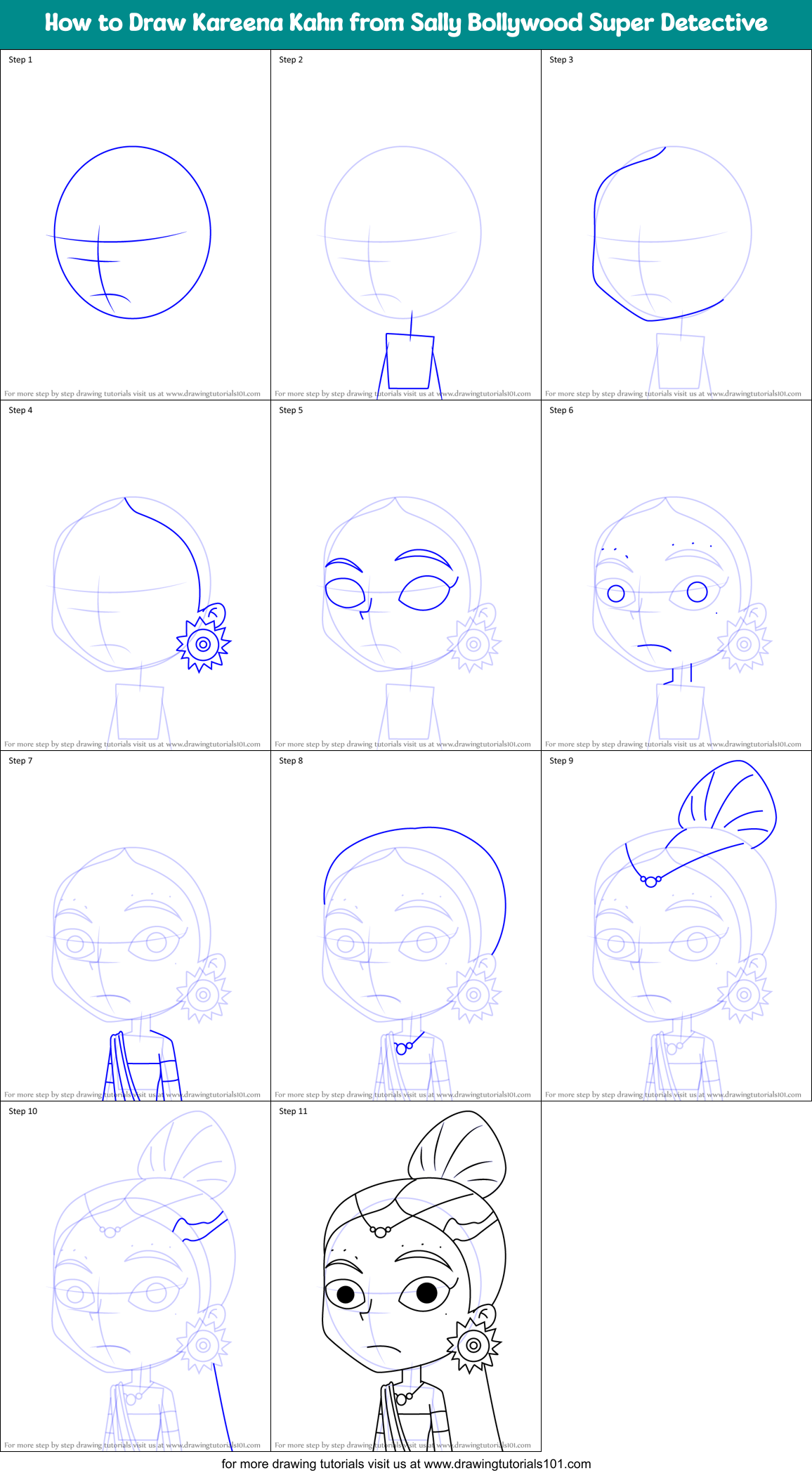 How to Draw Kareena Kahn from Sally Bollywood Super Detective Printable Step by Step