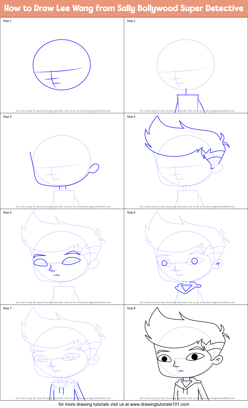 How to Draw Lee Wang from Sally Bollywood Super Detective Printable Step by Step