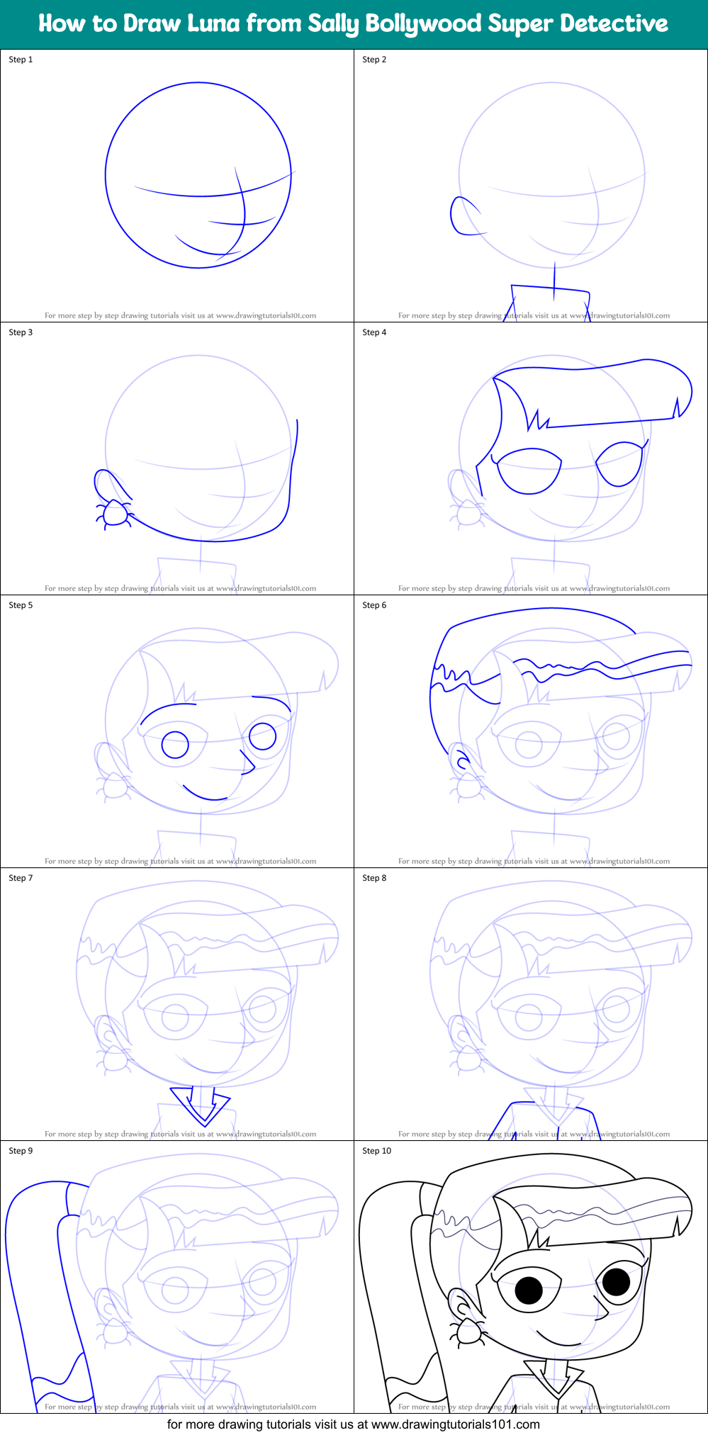 How to Draw Luna from Sally Bollywood Super Detective Printable Step by Step