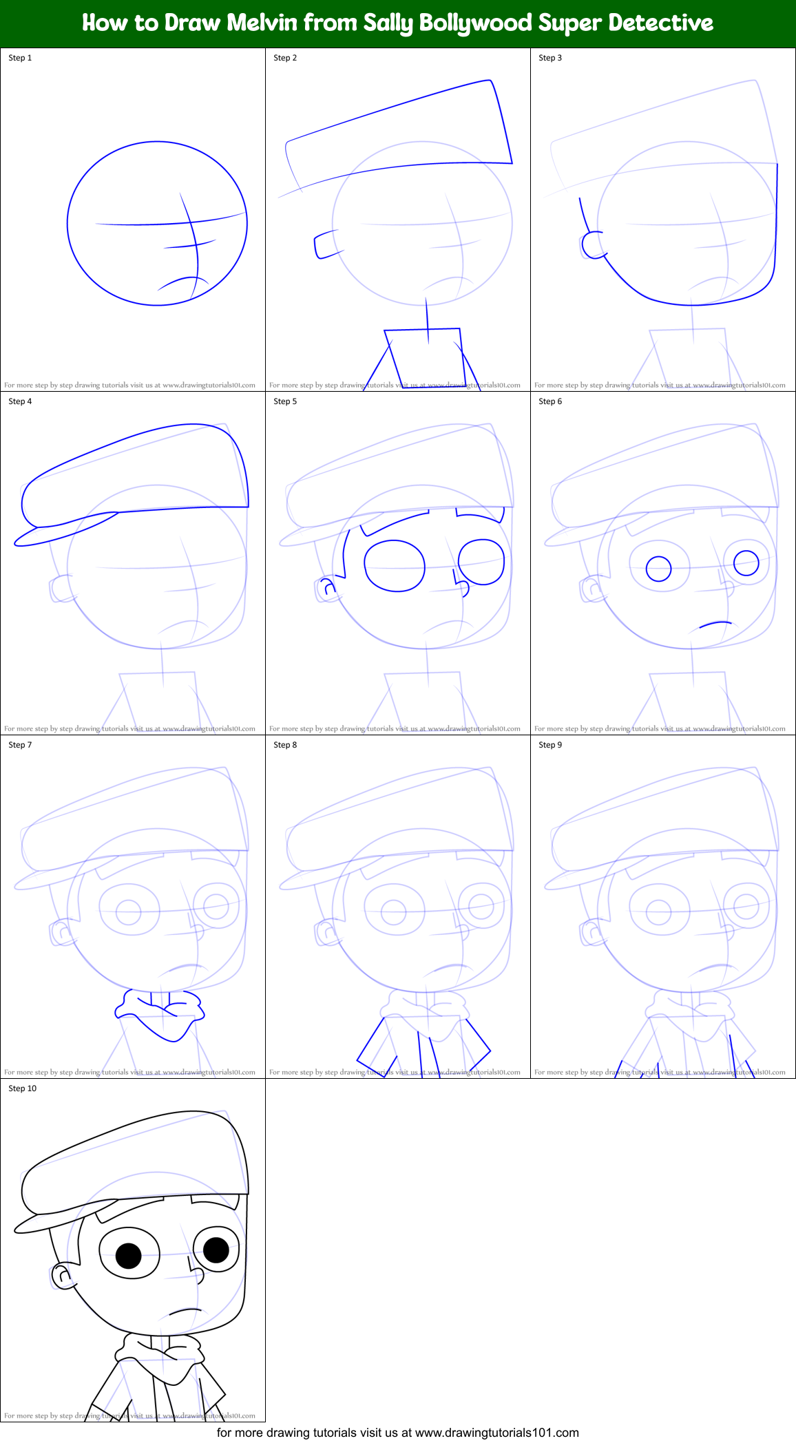 How to Draw Melvin from Sally Bollywood Super Detective Printable Step by Step