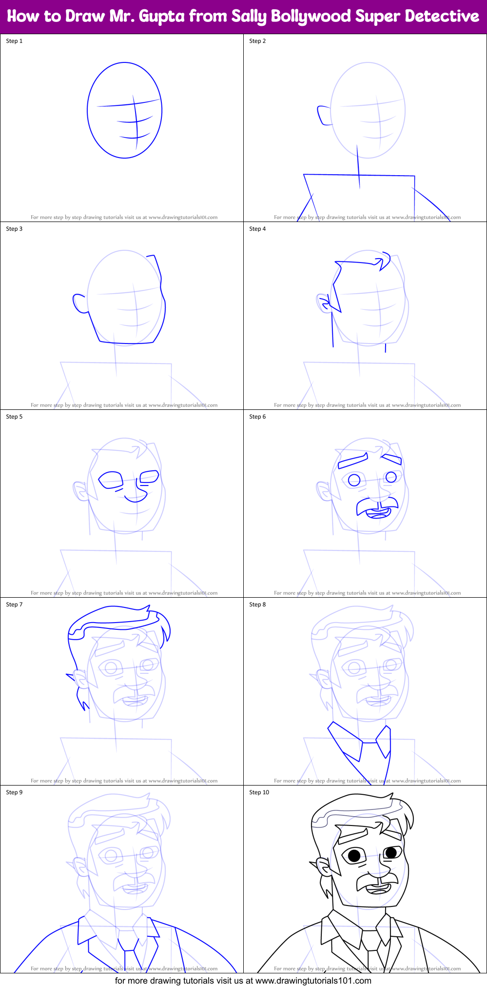How to Draw Mr. Gupta from Sally Bollywood Super Detective Printable Step by Step