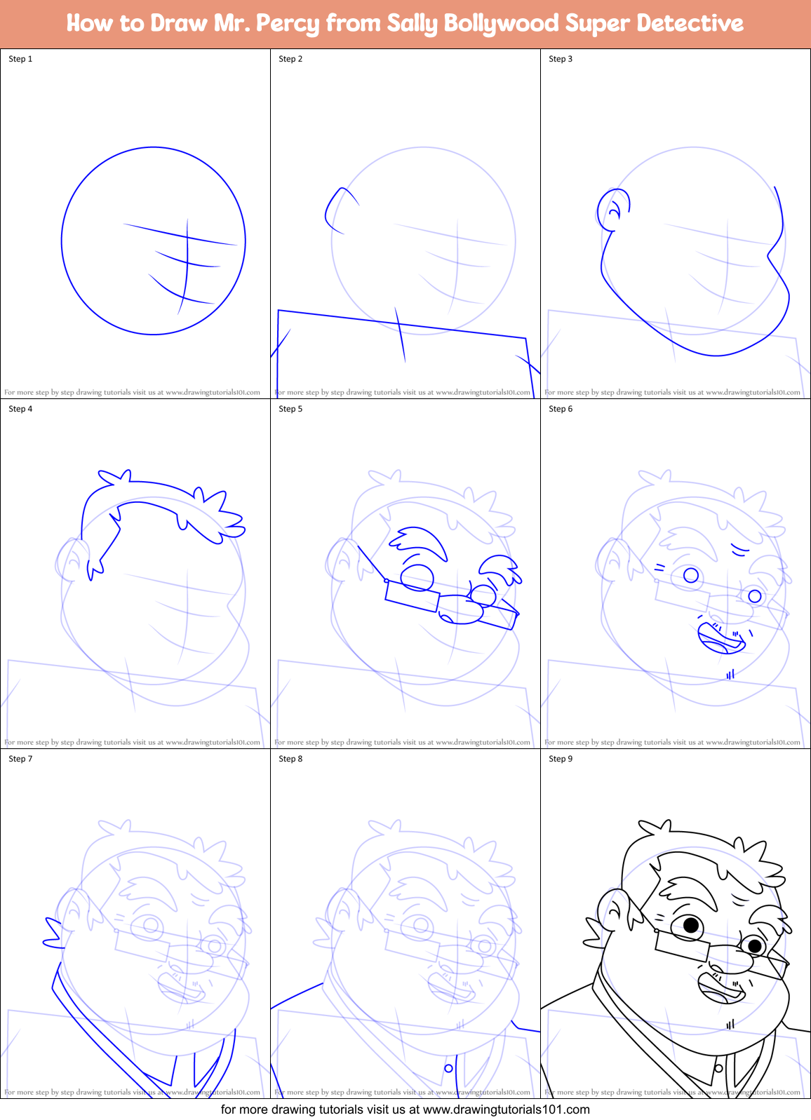 How to Draw Mr. Percy from Sally Bollywood Super Detective Printable Step by Step