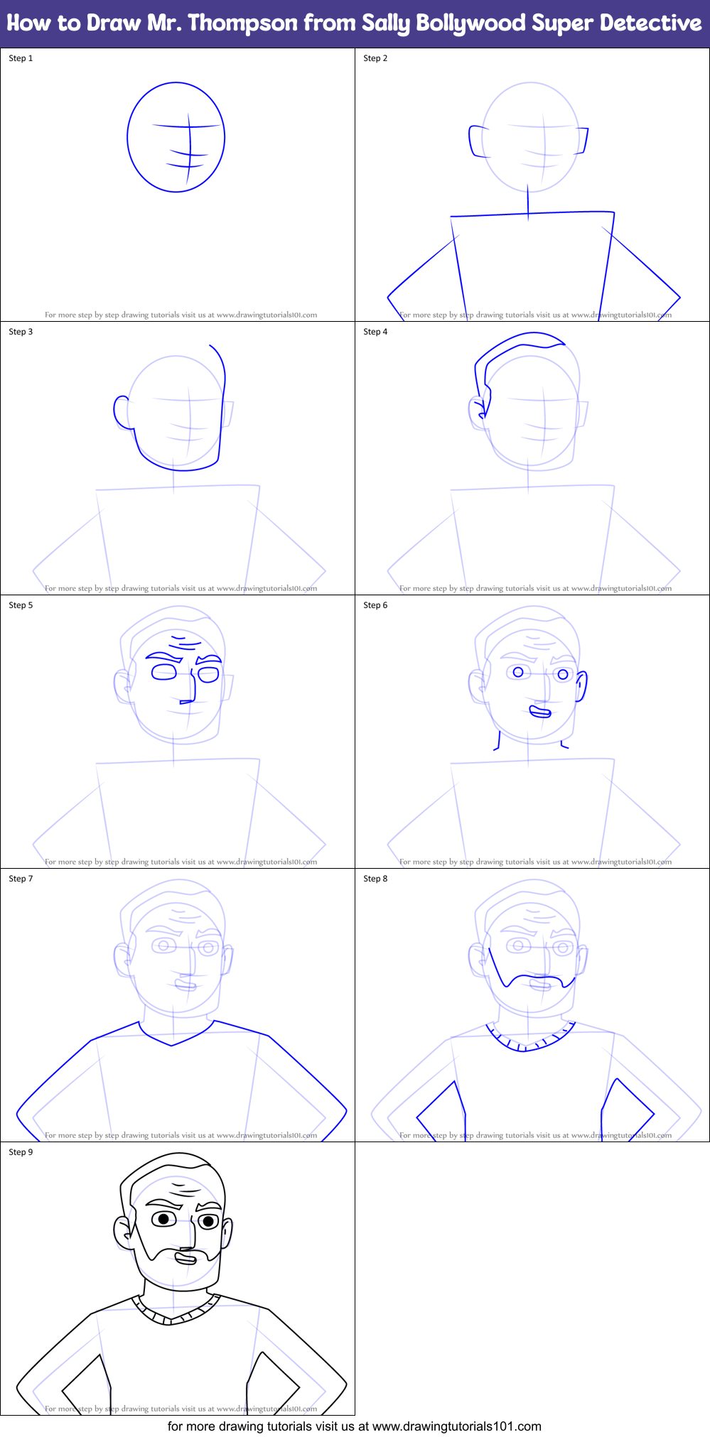 How to Draw Mr. Thompson from Sally Bollywood Super Detective Printable Step by Step